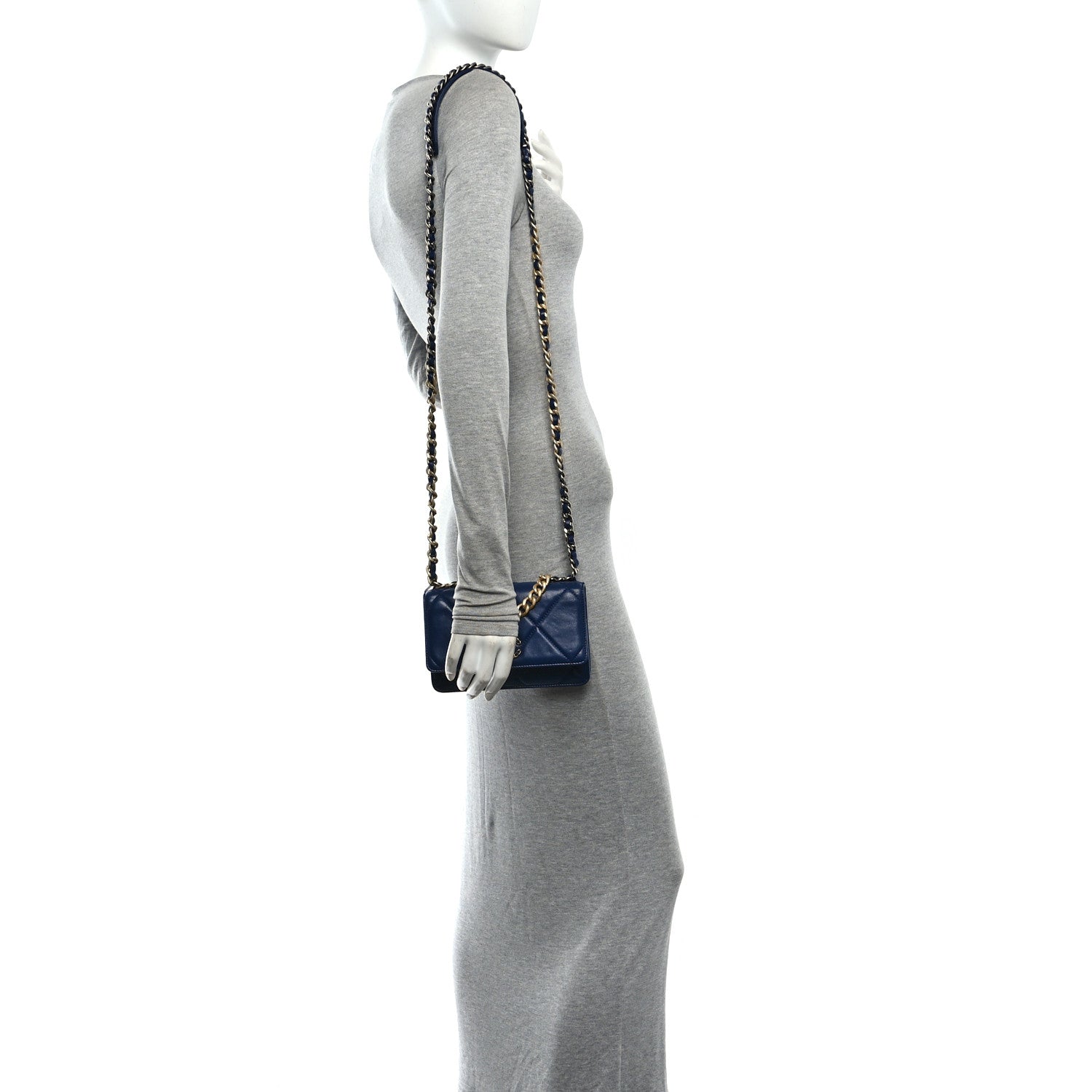 Lambskin Quilted Chanel 19 Wallet On Chain WOC Blue — view 2