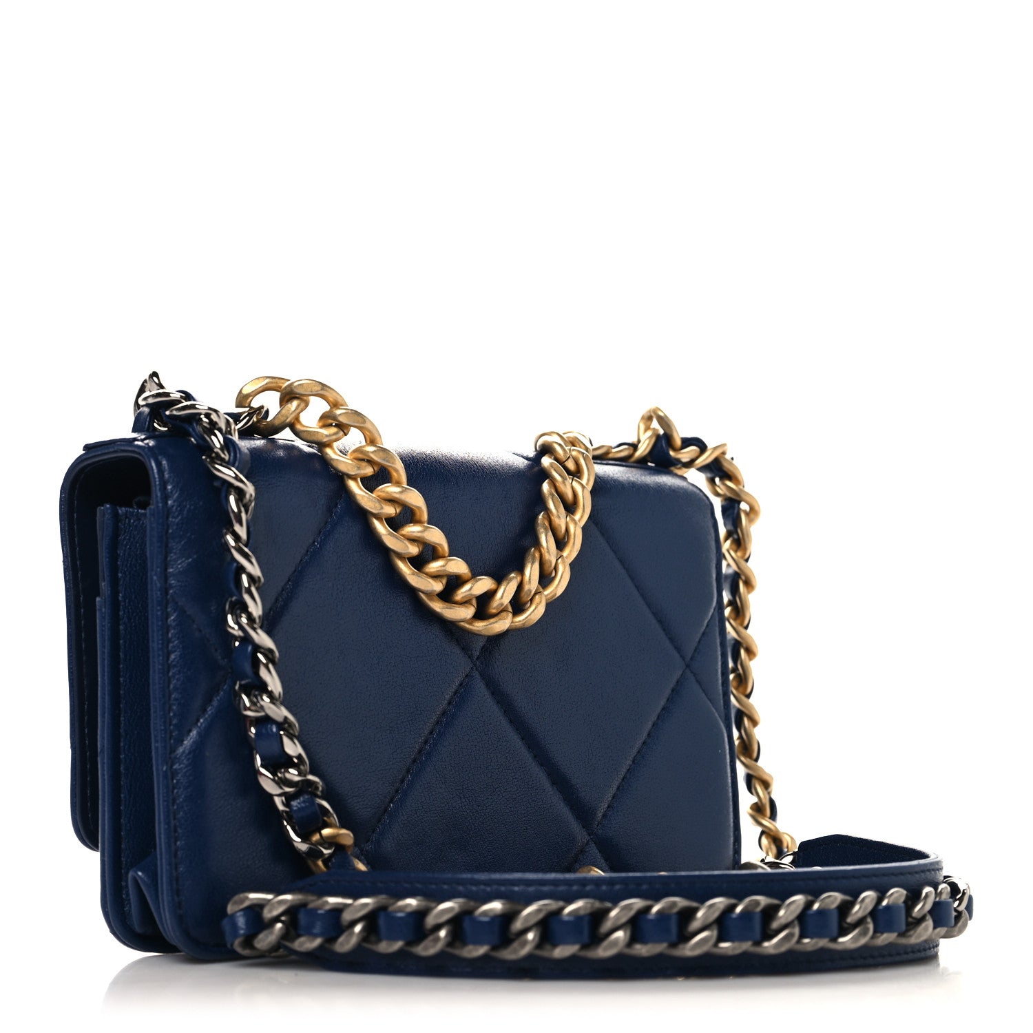 Lambskin Quilted Chanel 19 Wallet On Chain WOC Blue — view 3
