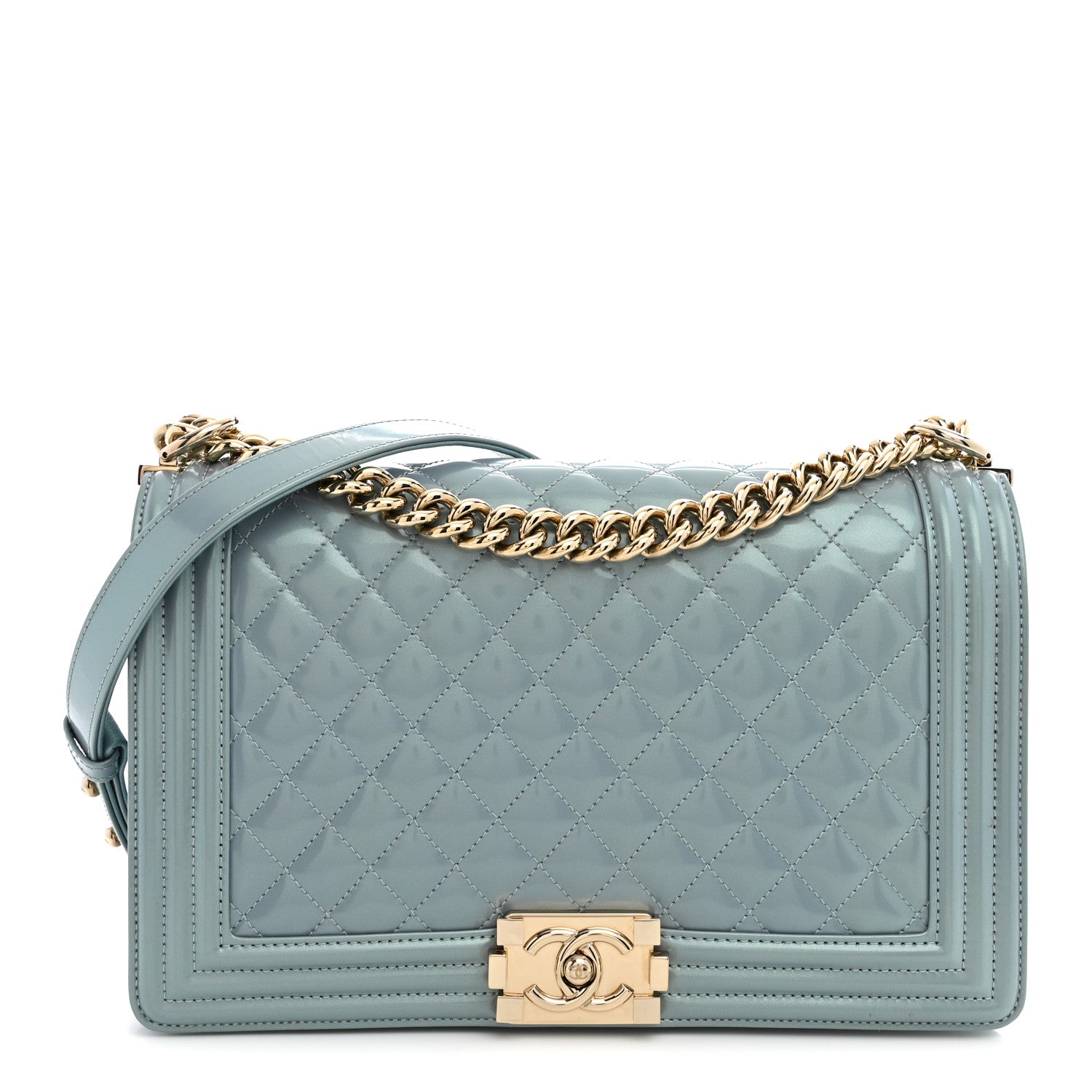 Iridescent Glazed Calfskin Quilted New Medium Boy Flap Light Blue