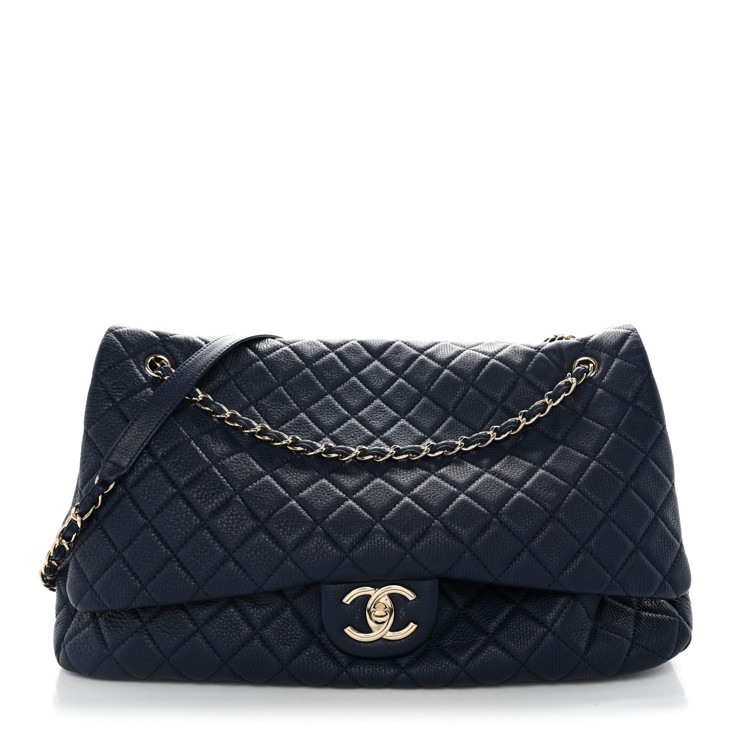 Calfskin Quilted XXL Travel Flap Bag Navy