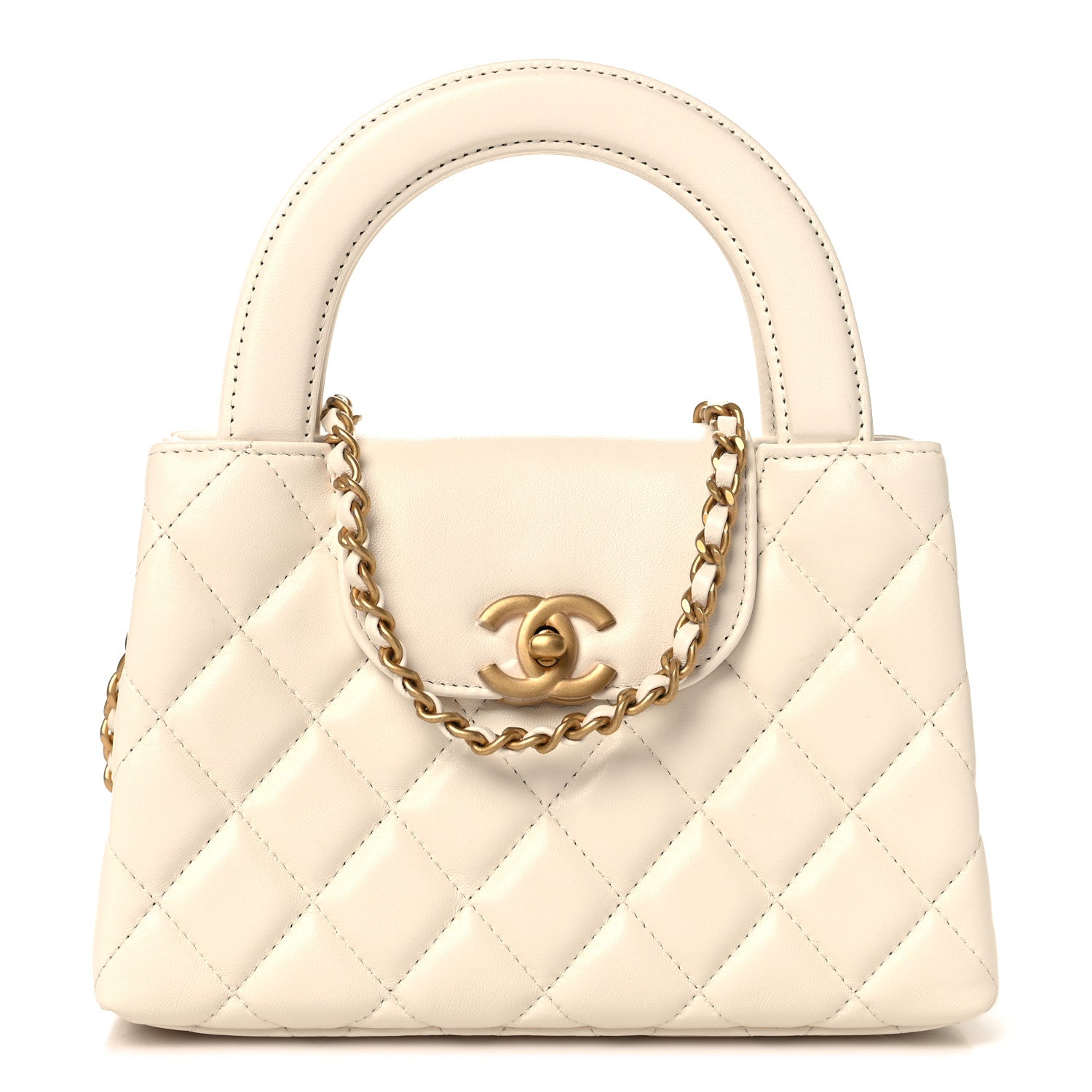 Shiny Aged Calfskin Quilted Nano Kelly Shopper White