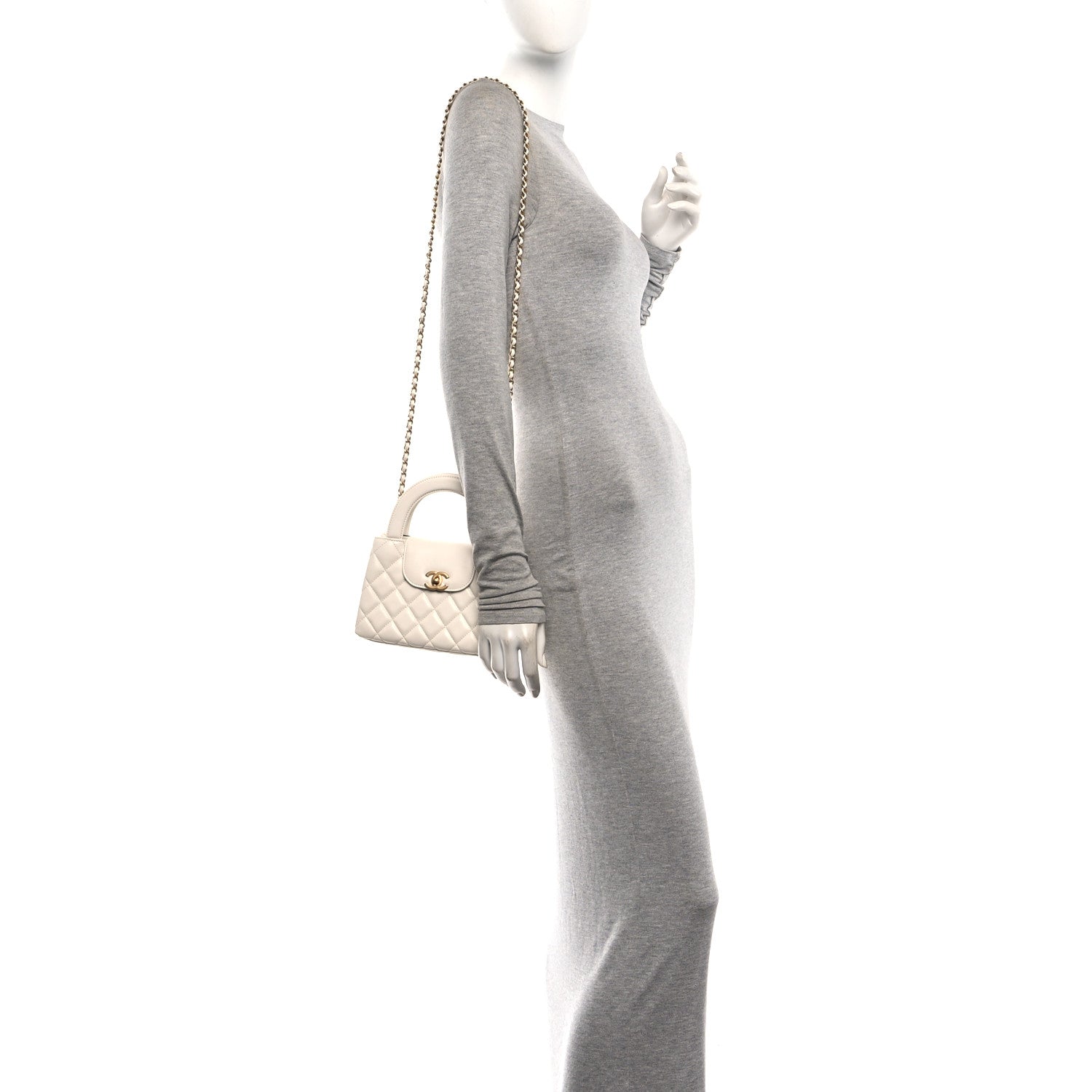 Shiny Aged Calfskin Quilted Nano Kelly Shopper White — view 3