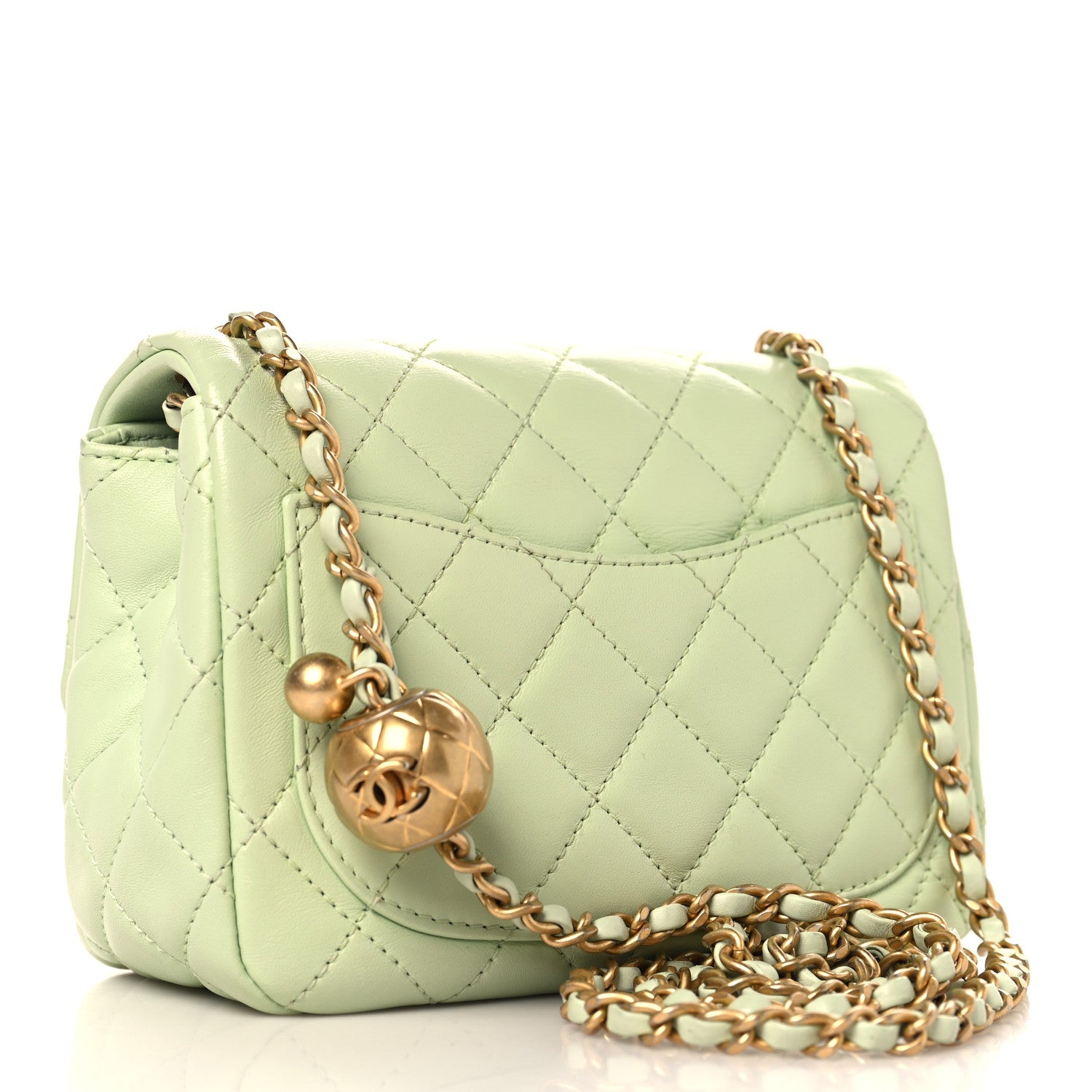 Lambskin Quilted Mini Pearl Crush Flap Light Green — view 2