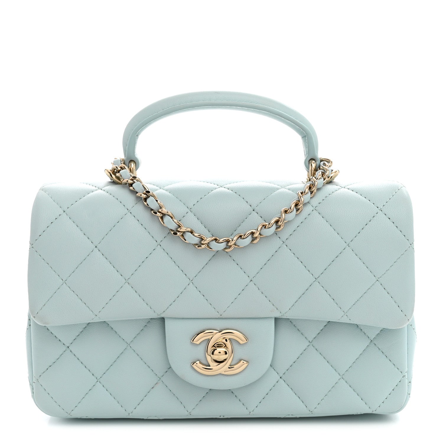 Lambskin Quilted Mini Top Handle Rectangular Flap Light Blue