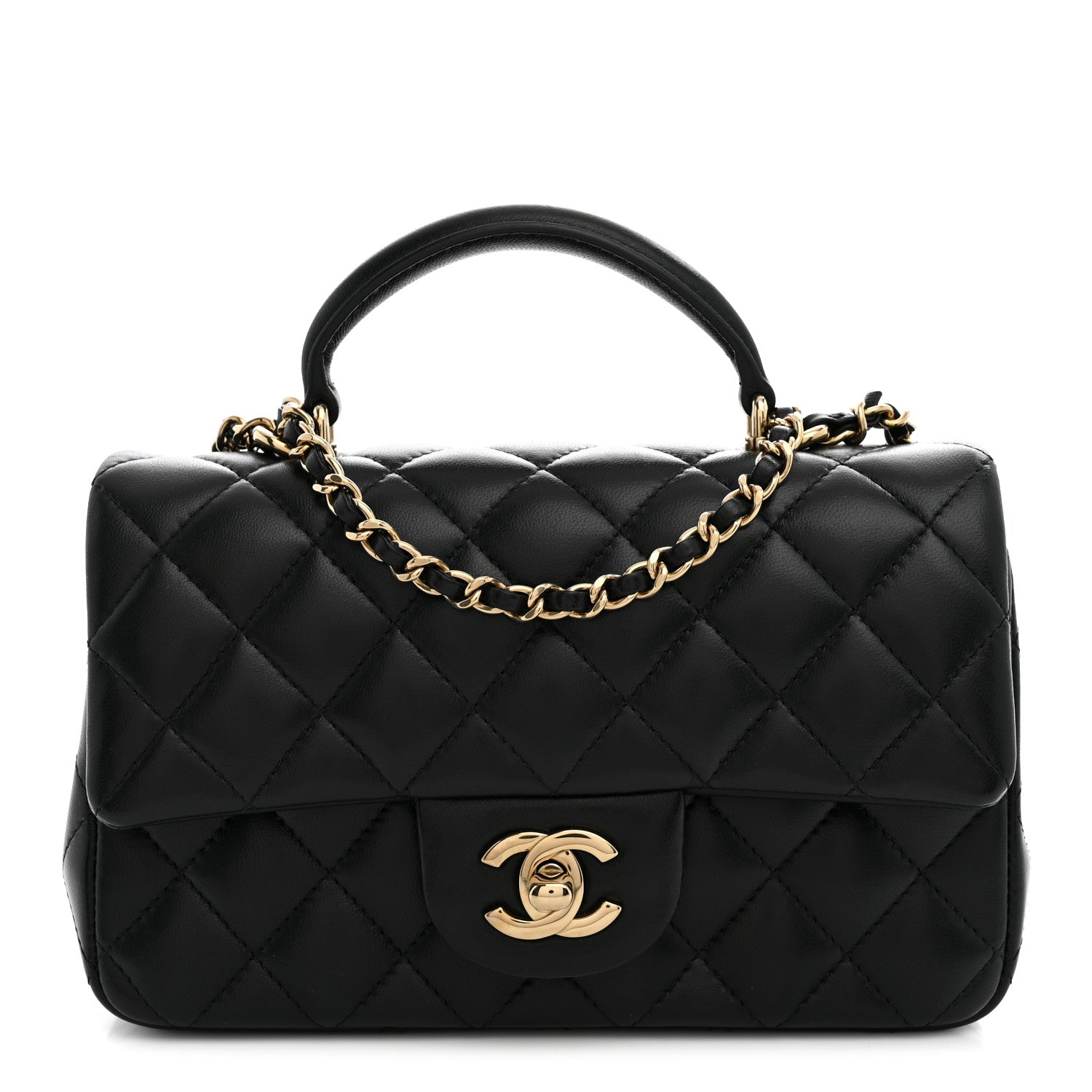 Lambskin Quilted Mini Top Handle Rectangular Flap Black