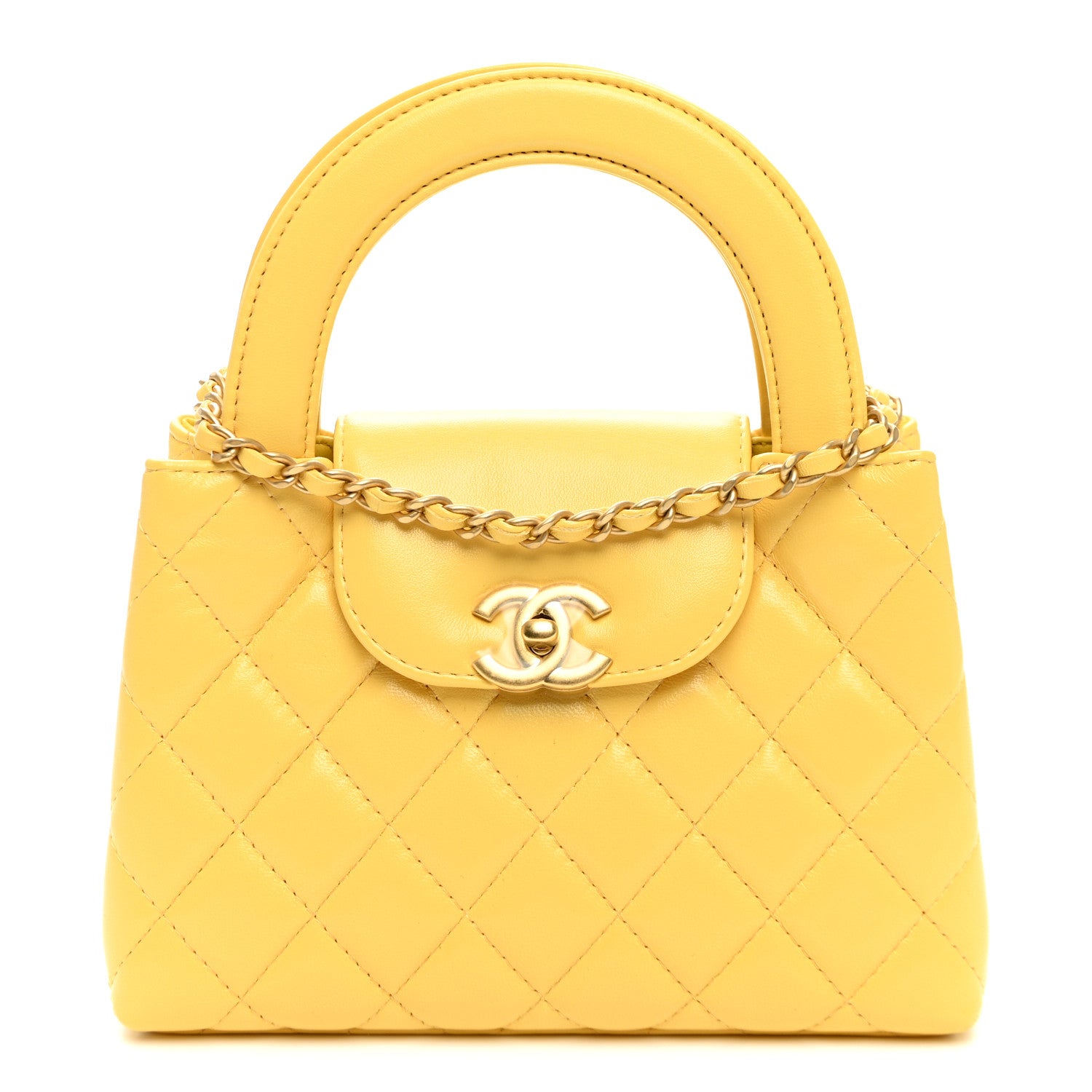 Shiny Aged Calfskin Quilted Nano Kelly Shopper Light Yellow