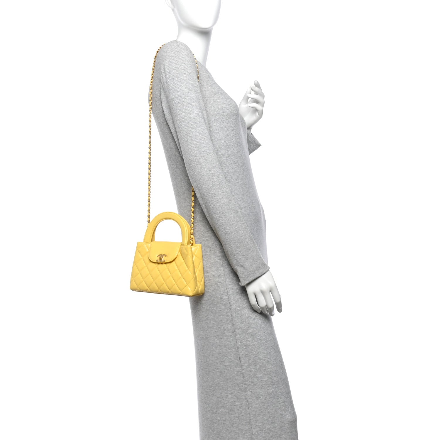 Shiny Aged Calfskin Quilted Nano Kelly Shopper Light Yellow — view 2