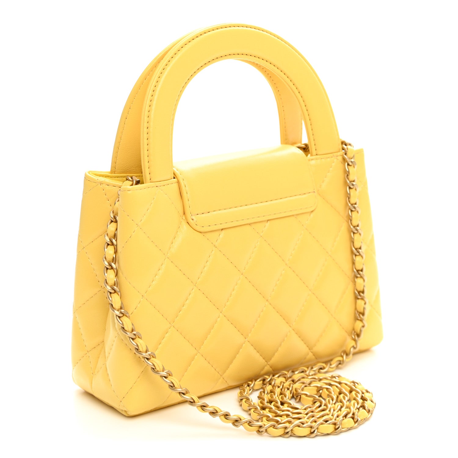 Shiny Aged Calfskin Quilted Nano Kelly Shopper Light Yellow — view 3