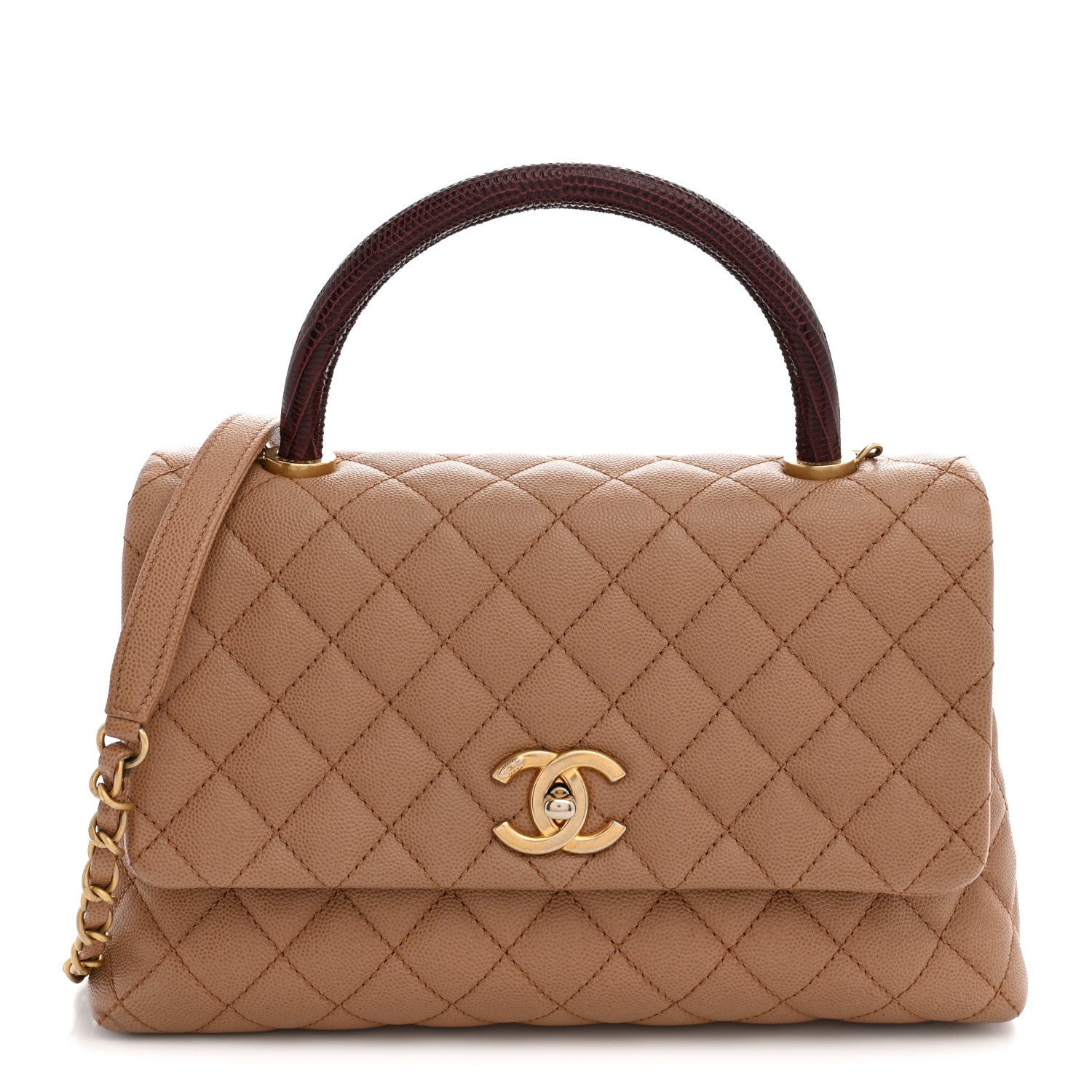 Caviar Lizard Quilted Small Coco Handle Flap Beige