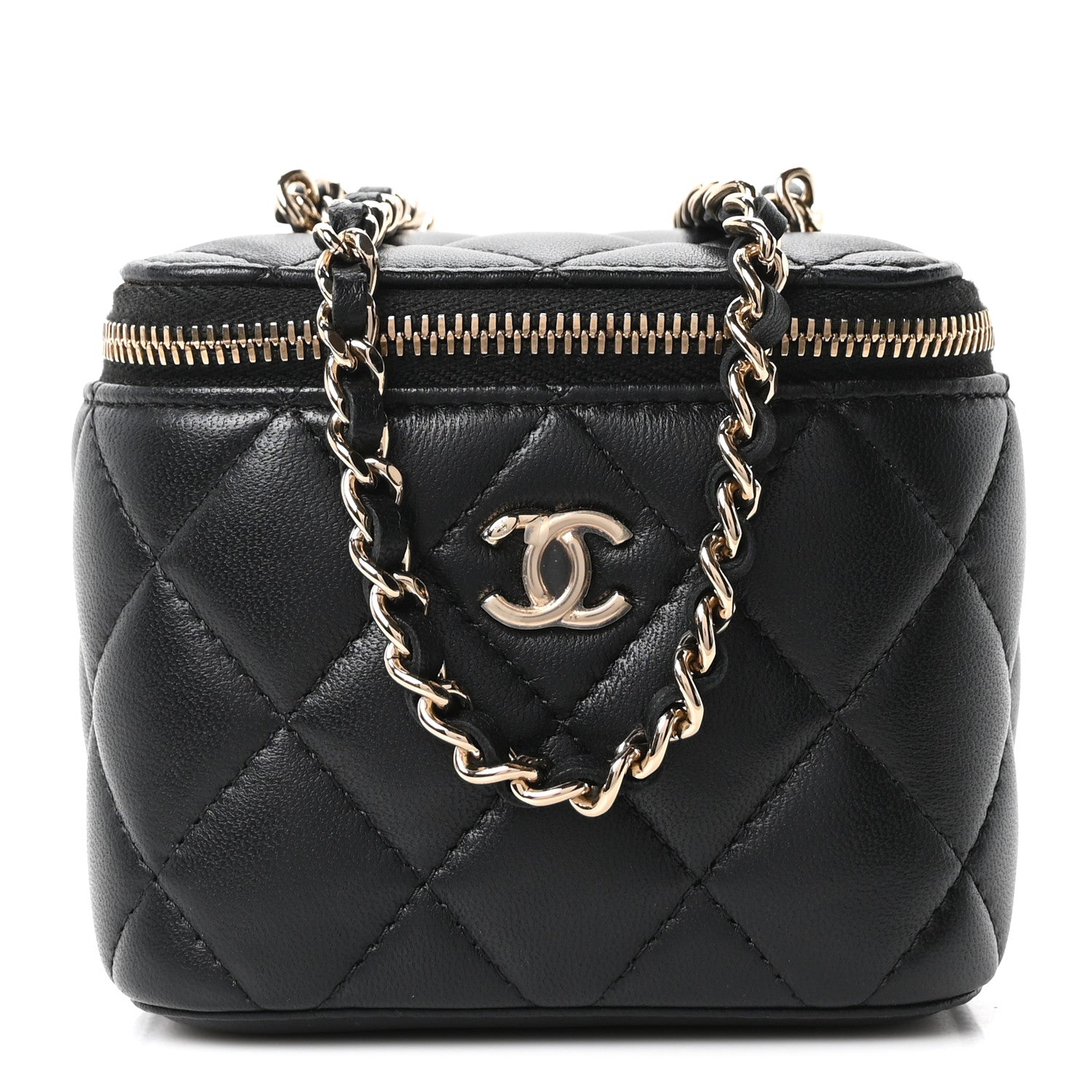 Lambskin Quilted Mini Enamel CC Pearl Crush Vanity Case With Chain  Black