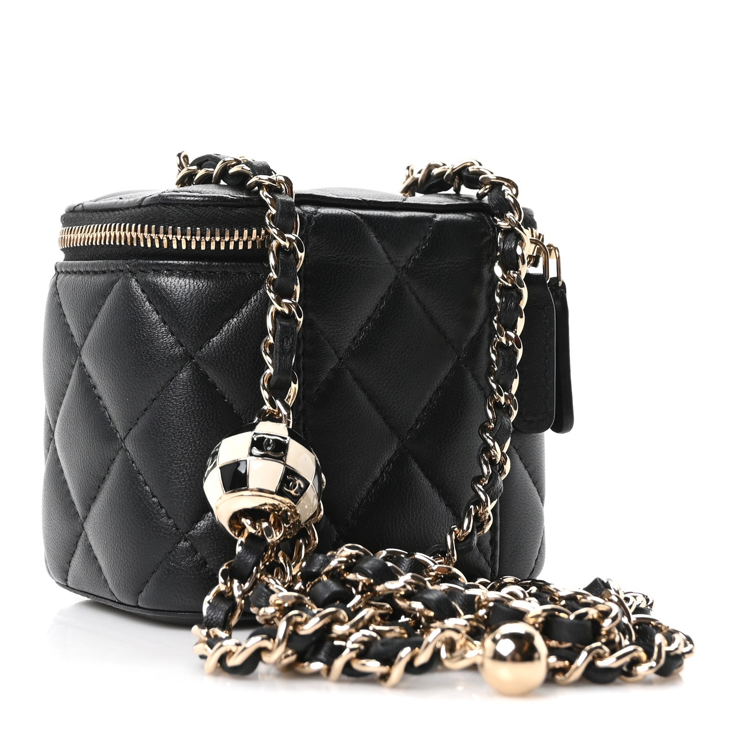 Lambskin Quilted Mini Enamel CC Pearl Crush Vanity Case With Chain Black — view 3