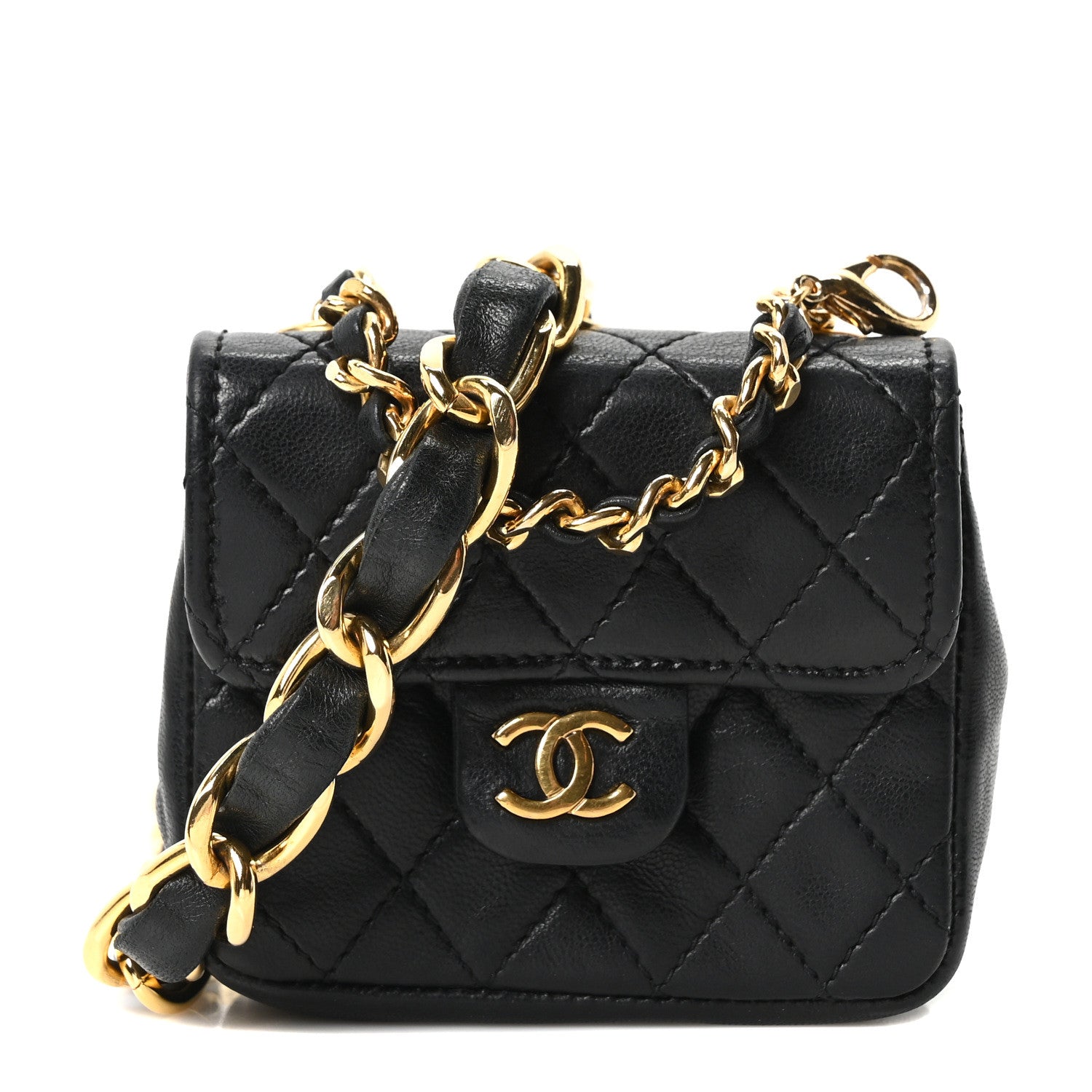 Lambskin Quilted Micro Flap Bag Charm Keychain Black