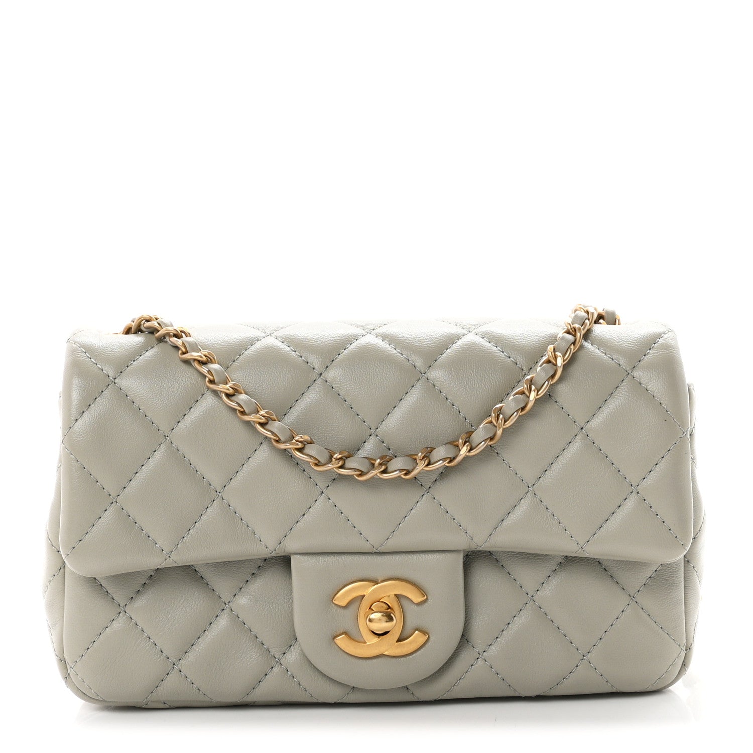 Lambskin Quilted Mini Rectangular Pearl Crush Flap Grey