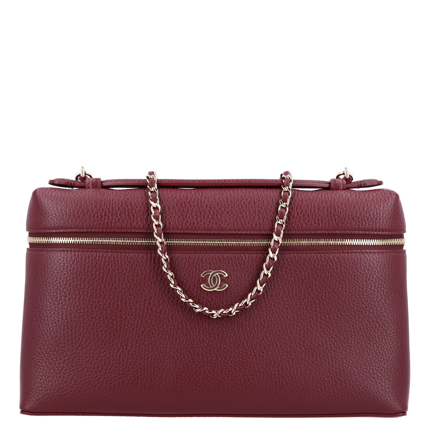 Grained Calfskin Top Handle Slim Vanity Case With Chain Dark Burgundy