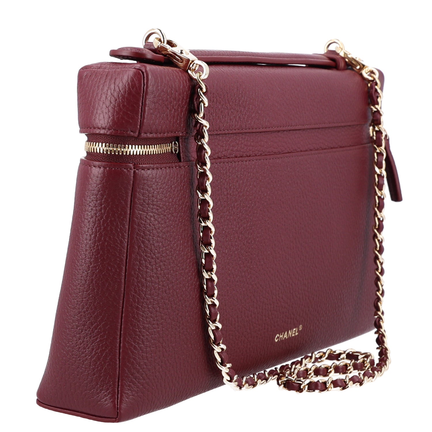 Grained Calfskin Top Handle Slim Vanity Case With Chain Dark Burgundy — view 3