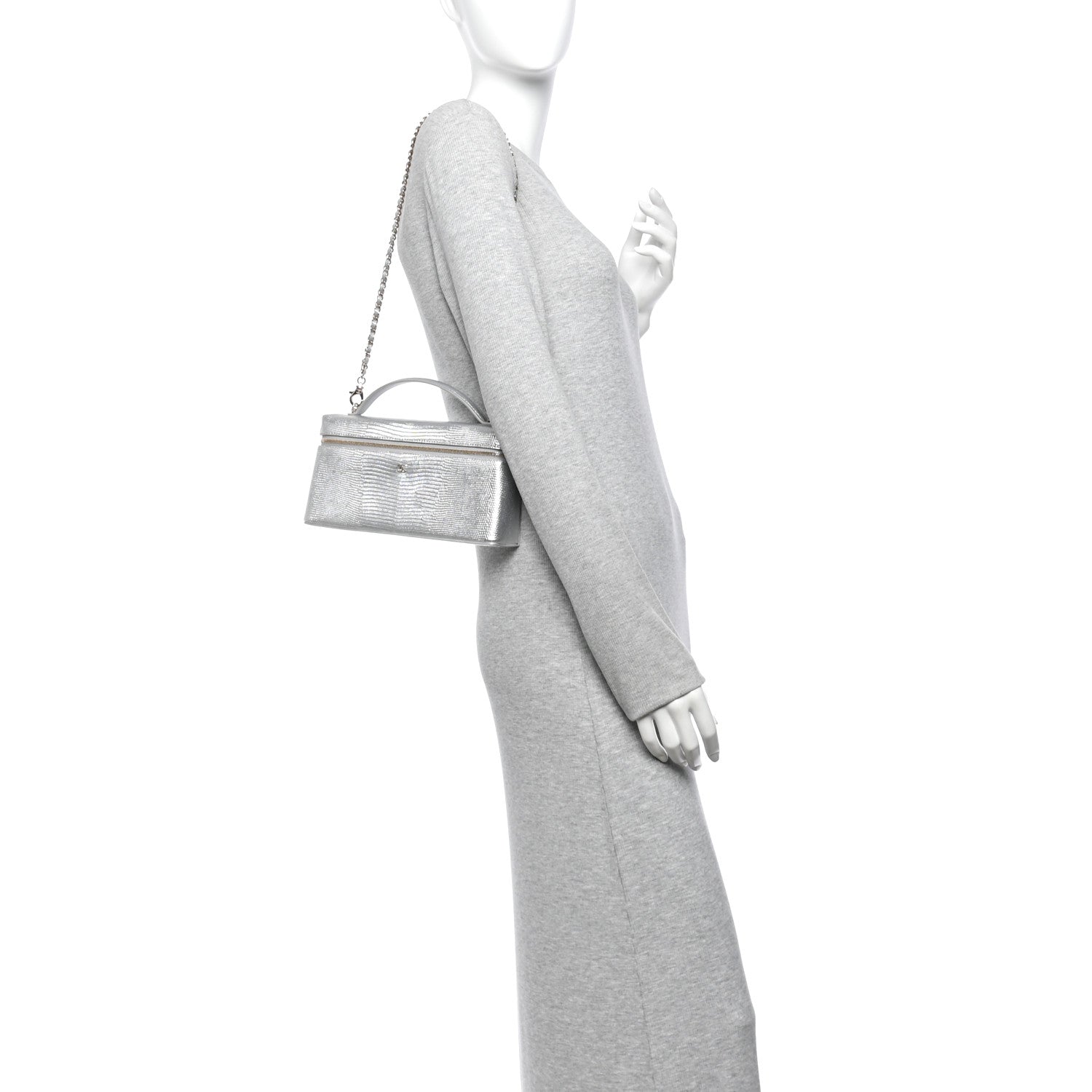 Lizard Embossed Top Handle Slim Vanity With Chain Silver — view 2