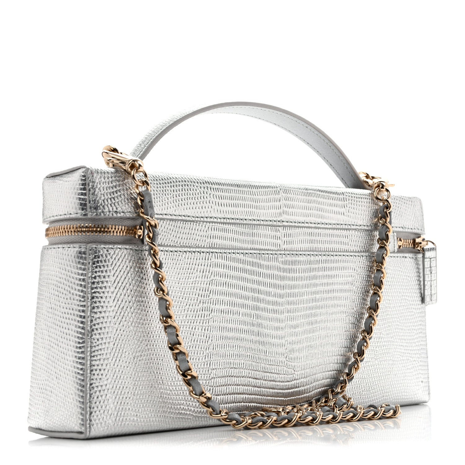 Lizard Embossed Top Handle Slim Vanity With Chain Silver — view 3