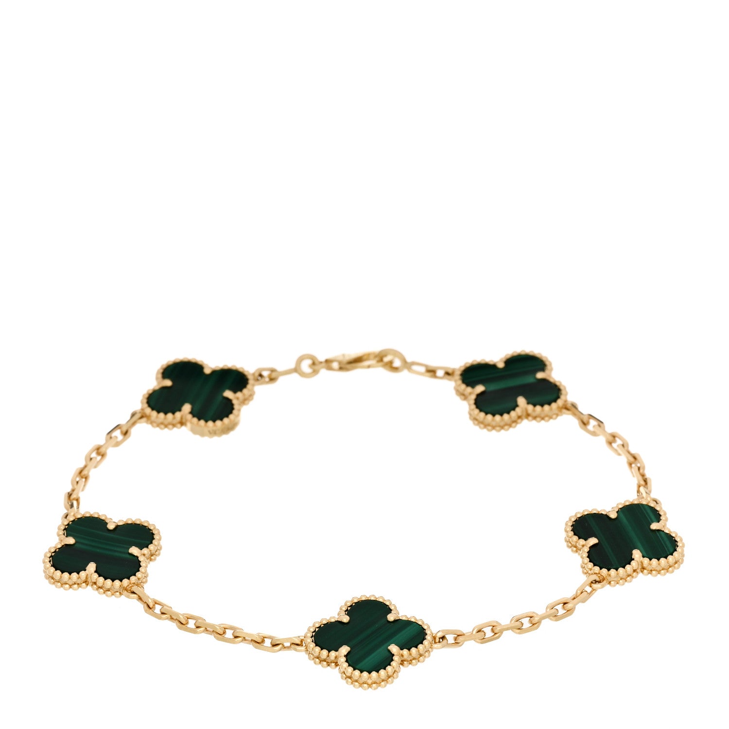 18K Yellow Gold Malachite 5 Motifs Vintage Alhambra Bracelet