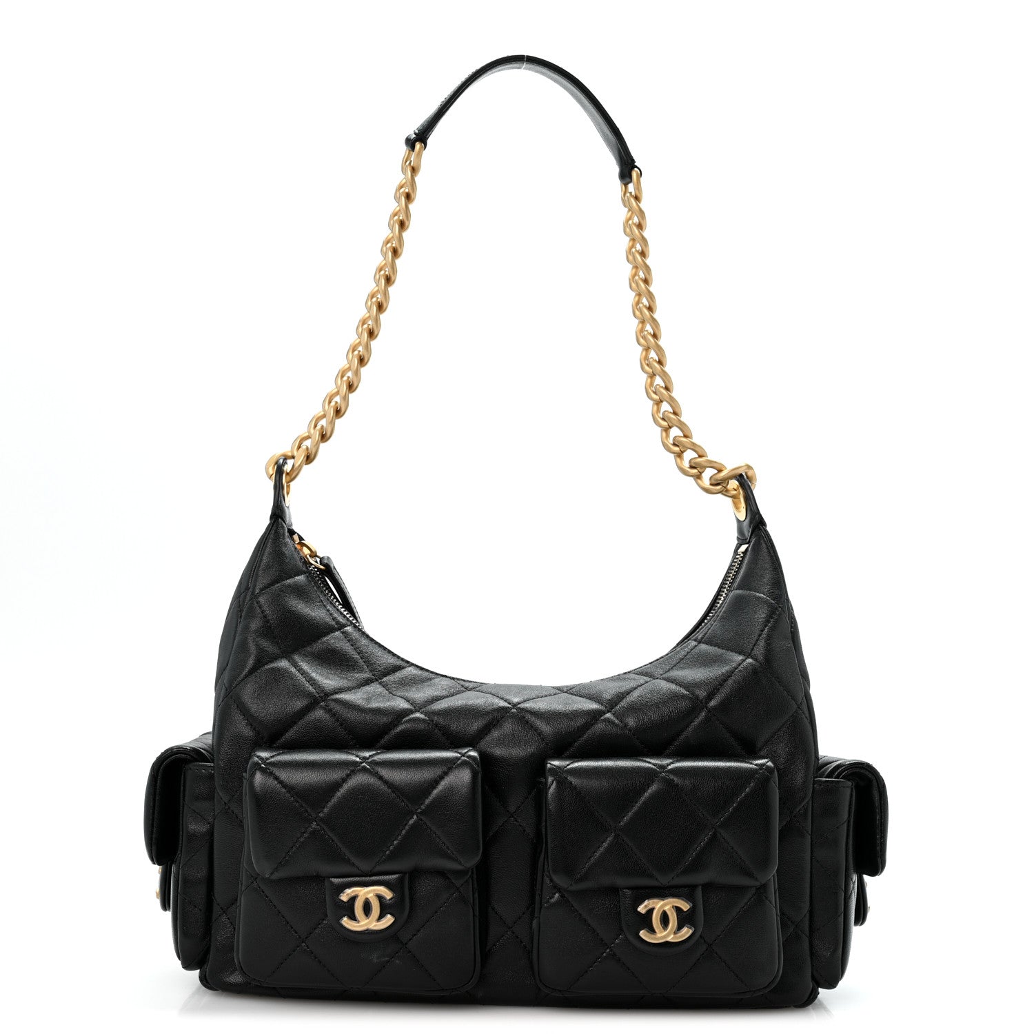 Shiny Lambskin Quilted Trendy Pockets Hobo Black