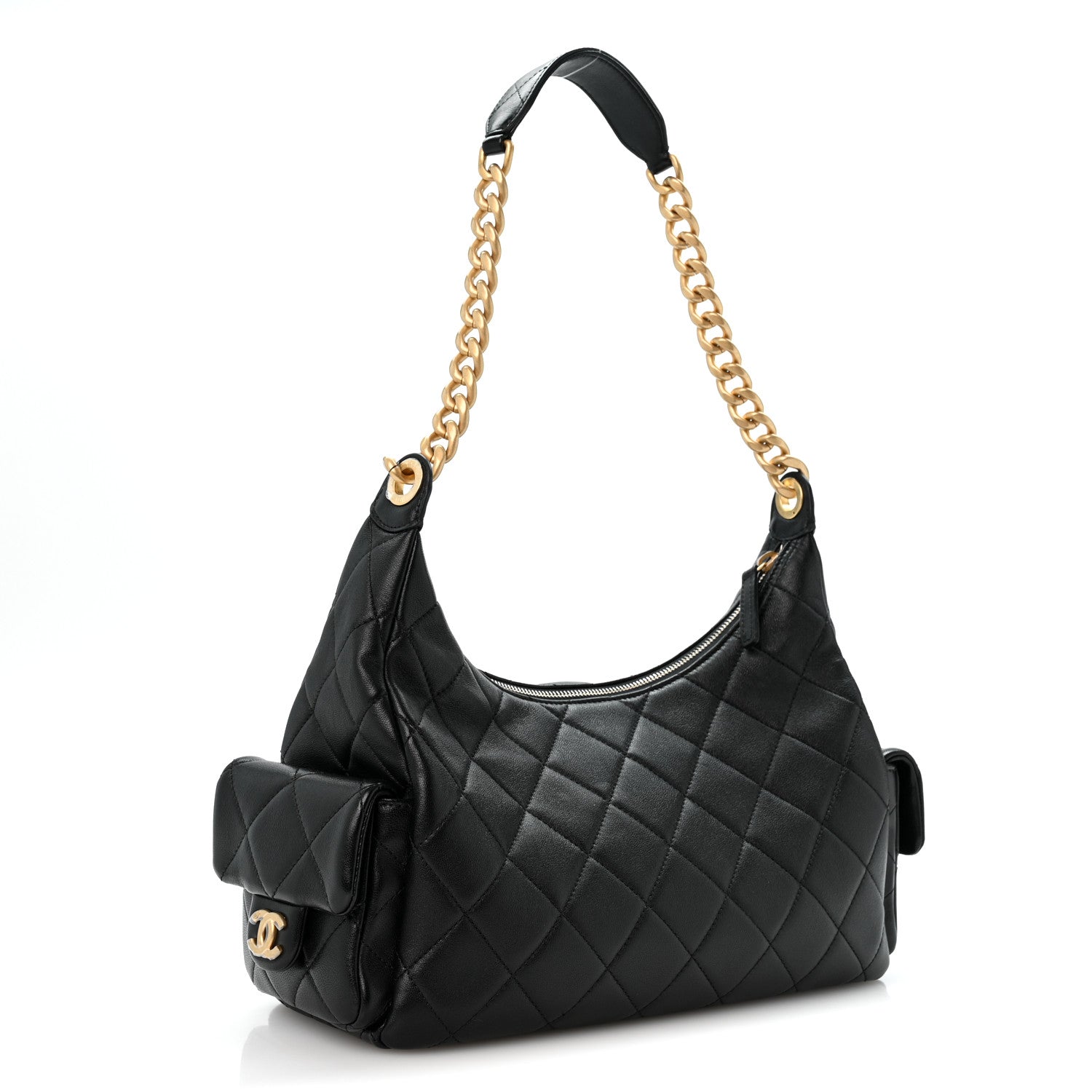Shiny Lambskin Quilted Trendy Pockets Hobo Black — view 3