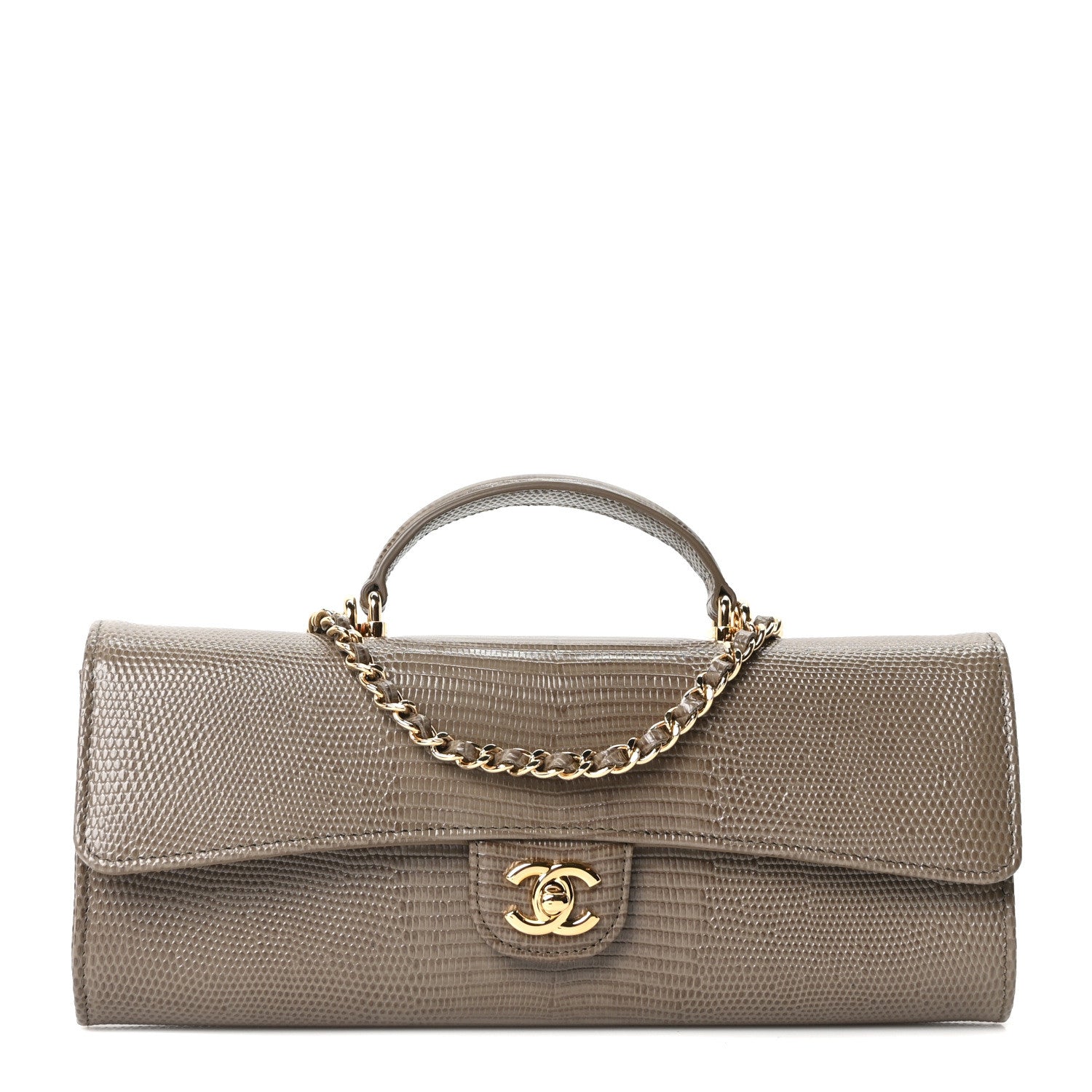 Calfskin Lizard Embossed Top Handle Long Clutch With Chain Dark Khaki