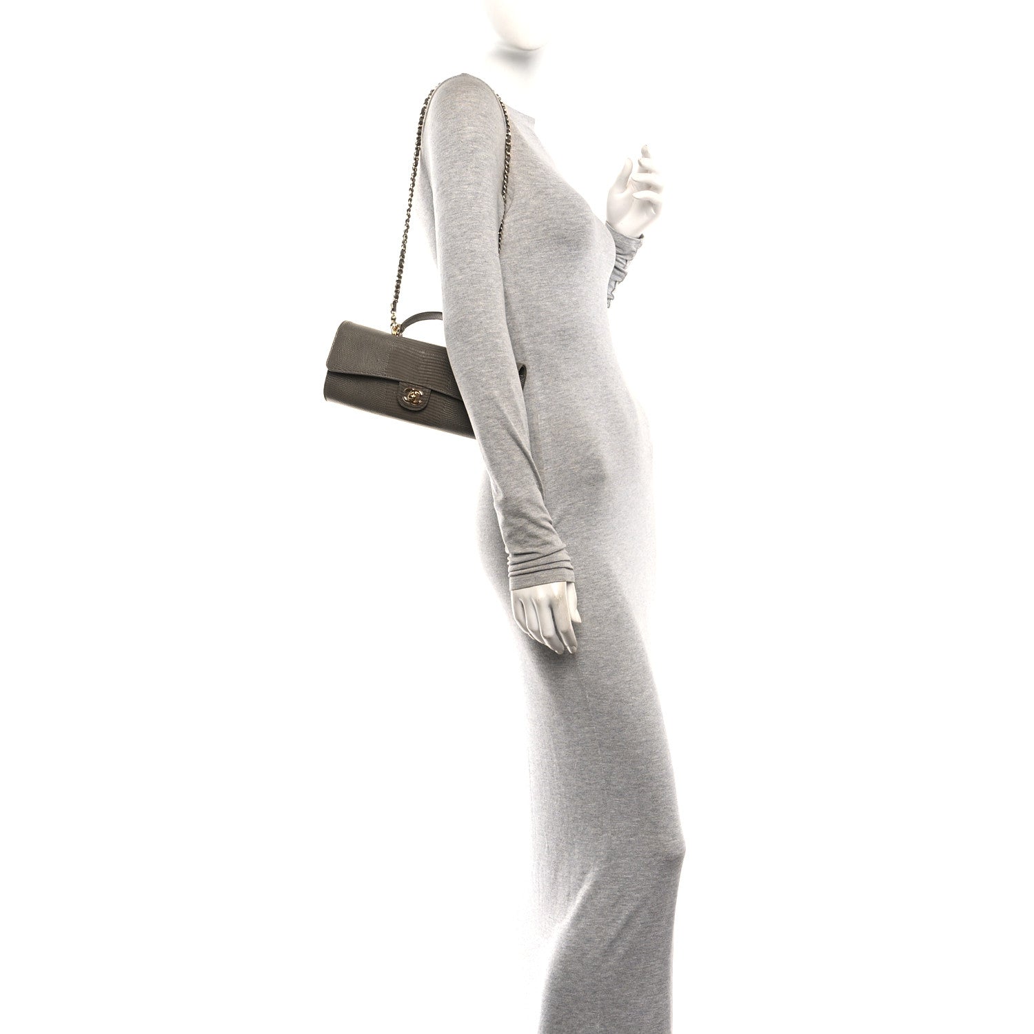 Calfskin Lizard Embossed Top Handle Long Clutch With Chain Dark Khaki — view 2
