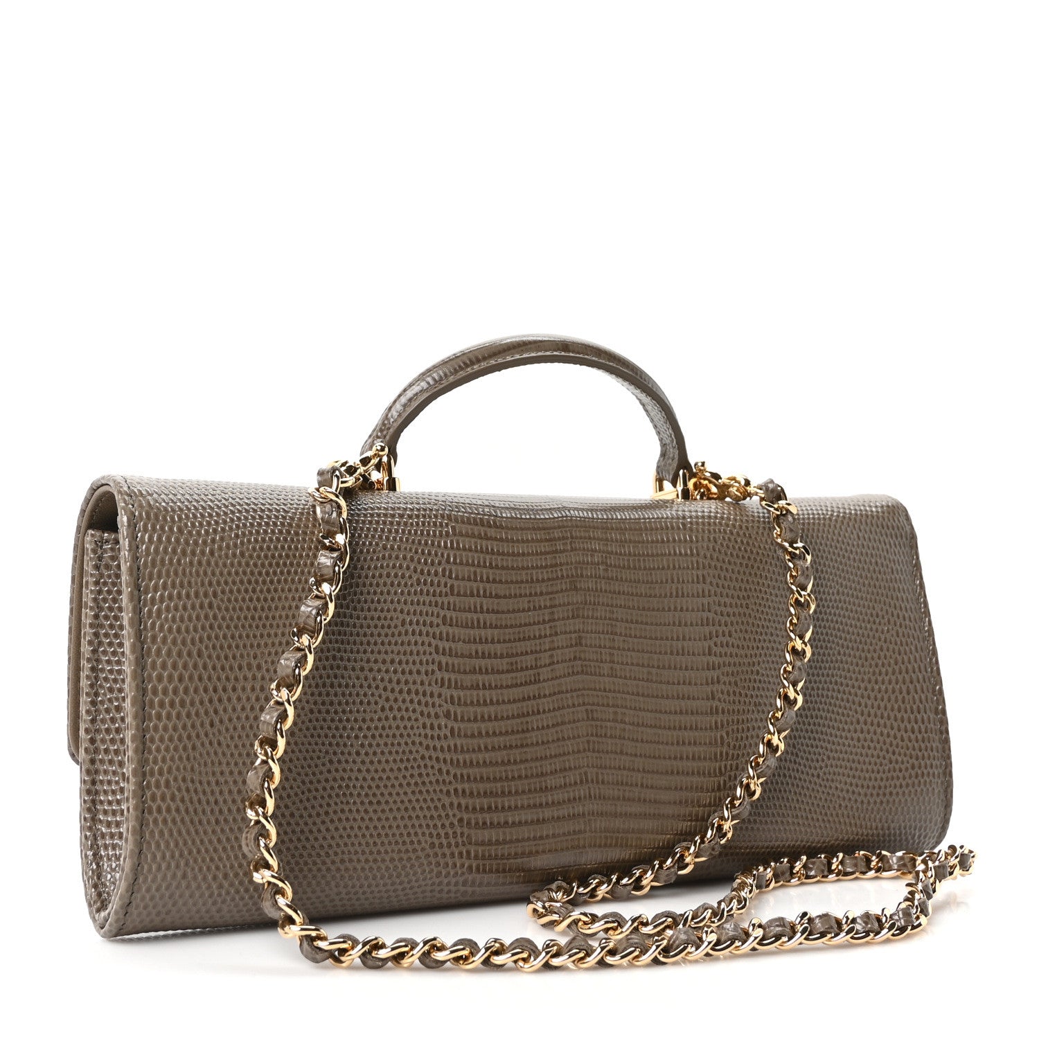 Calfskin Lizard Embossed Top Handle Long Clutch With Chain Dark Khaki — view 3