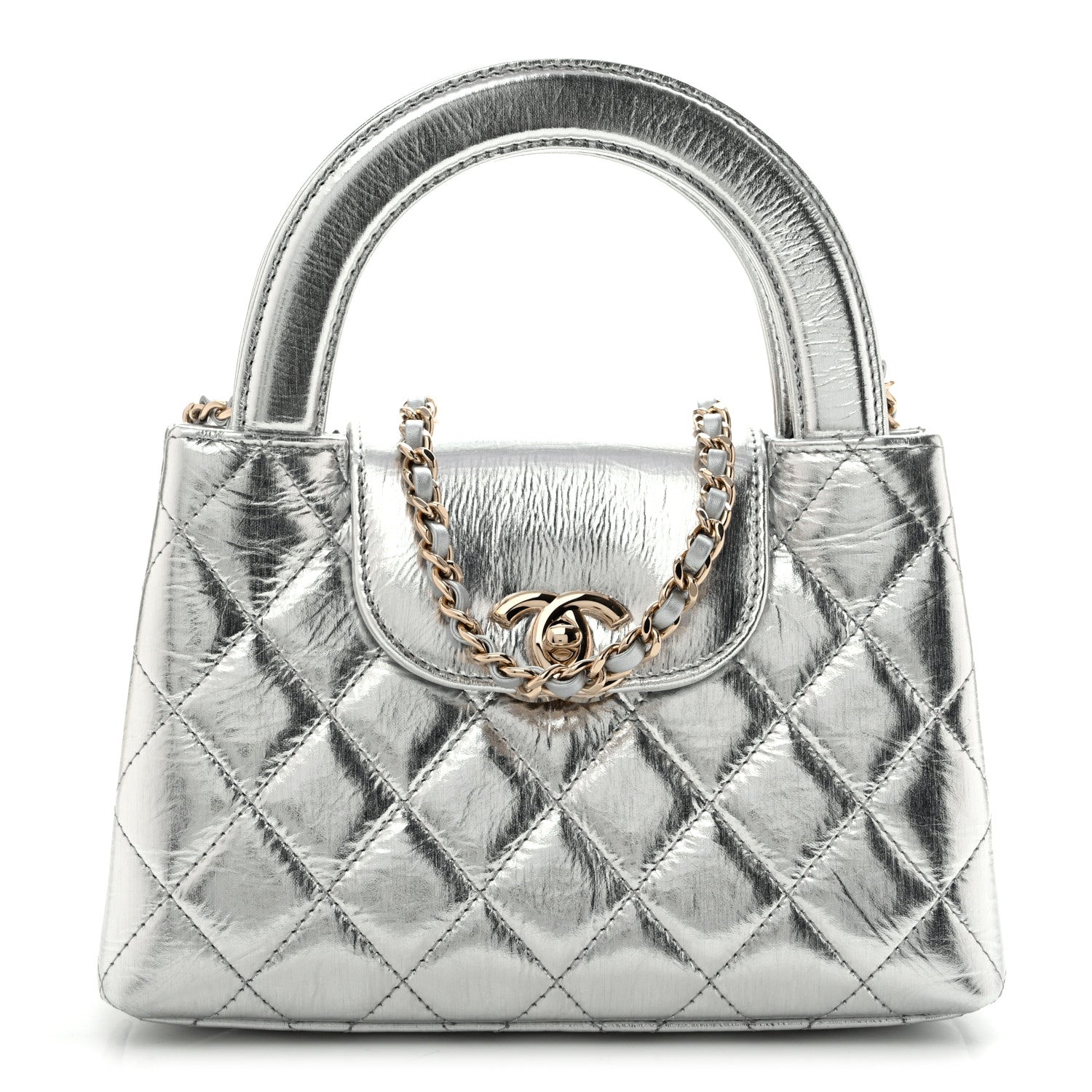 Metallic Aged Calfskin Quilted Nano Kelly Shopper Silvery — view 1
