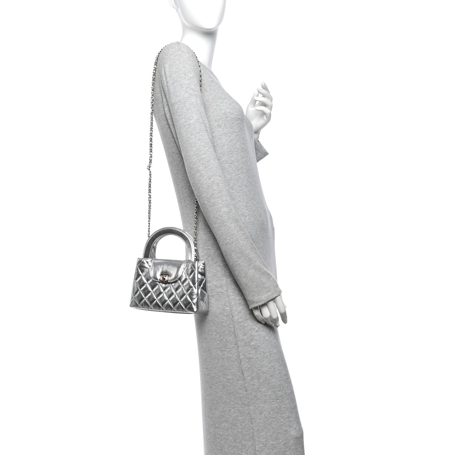 Metallic Aged Calfskin Quilted Nano Kelly Shopper Silvery — view 2