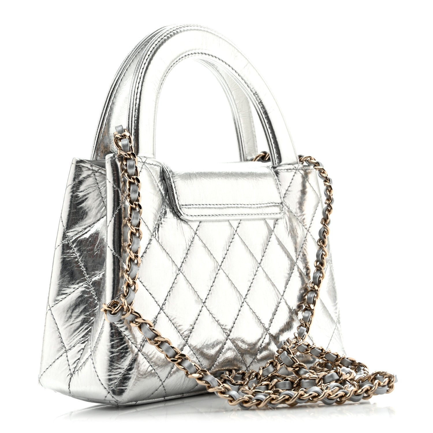 Metallic Aged Calfskin Quilted Nano Kelly Shopper Silvery — view 3