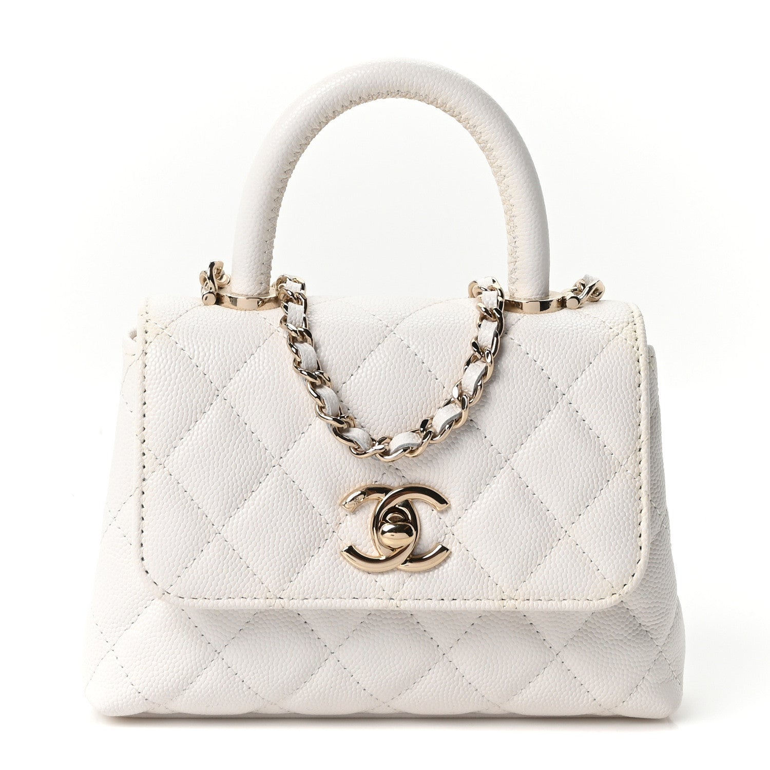 Caviar Quilted Coco Handle Clutch With Chain White