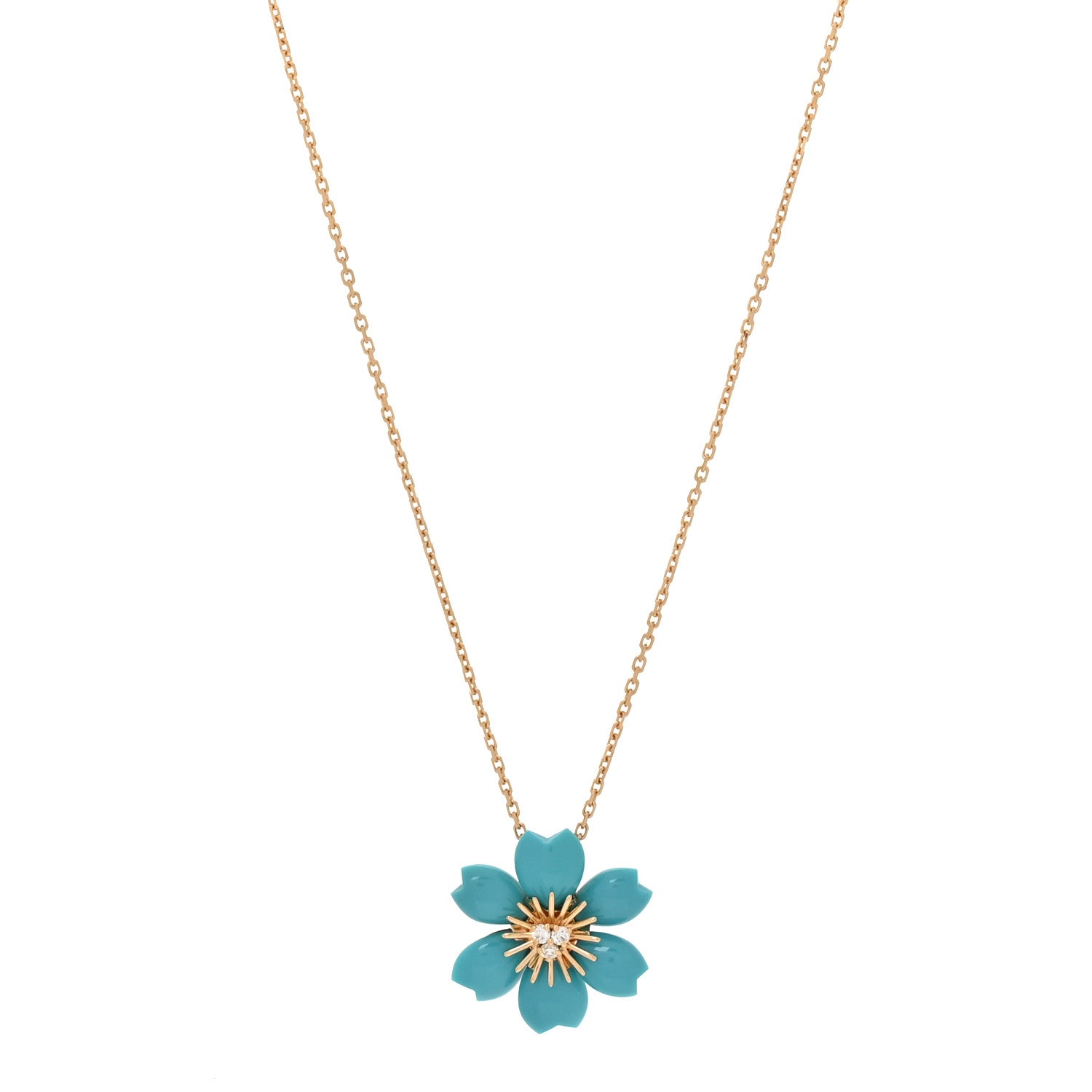 18K Yellow Gold Diamond Turquoise Mini Rose De Noel Pendant Necklace