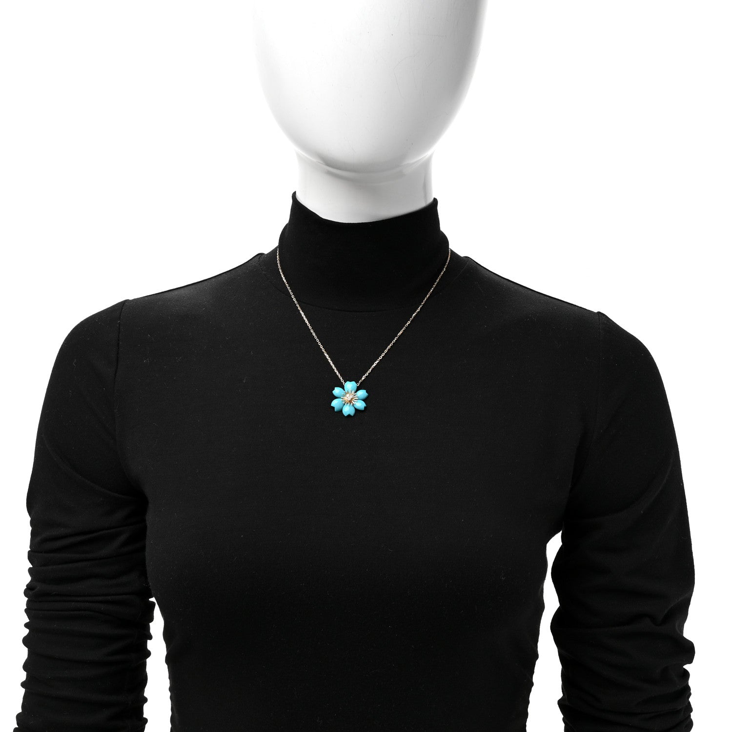 18K Yellow Gold Diamond Turquoise Mini Rose De Noel Pendant Necklace — view 2