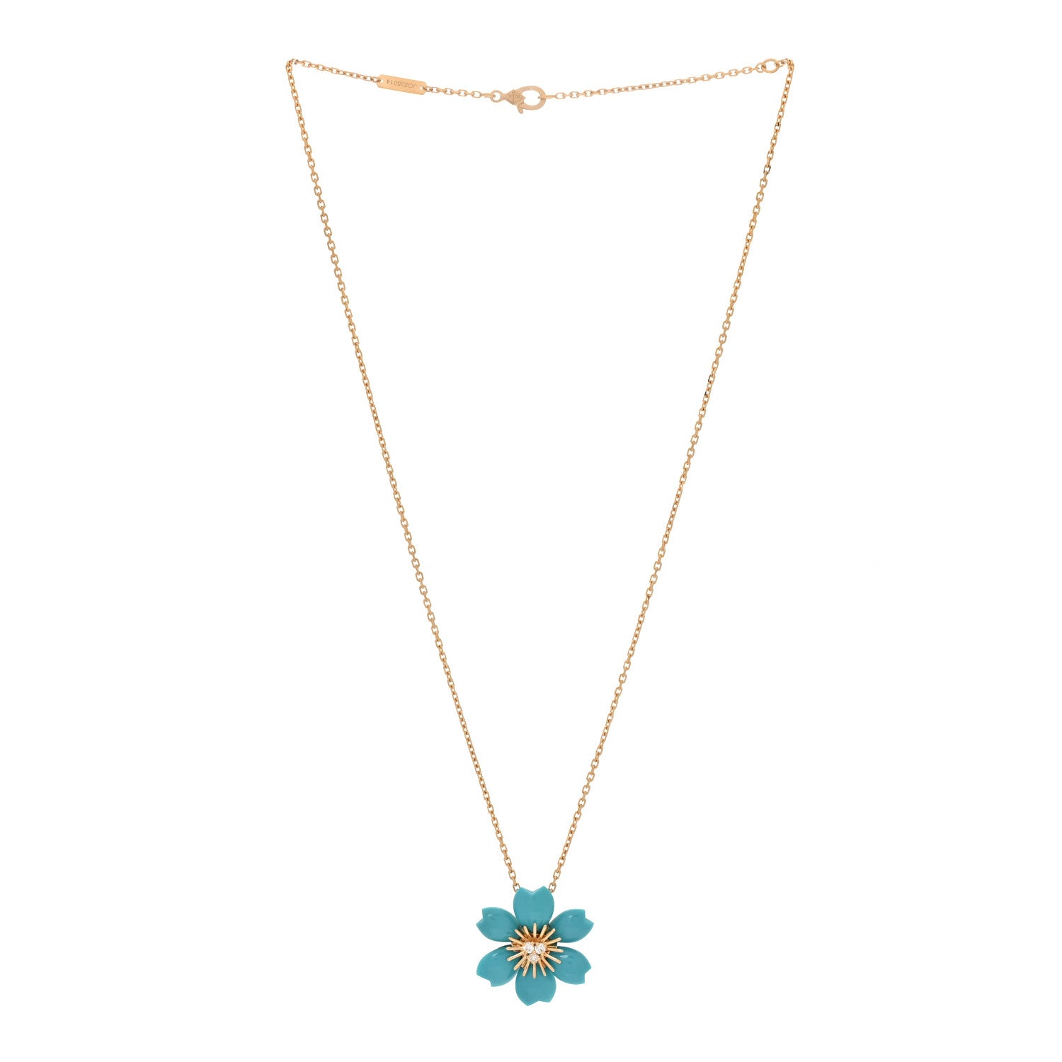 18K Yellow Gold Diamond Turquoise Mini Rose De Noel Pendant Necklace — view 3