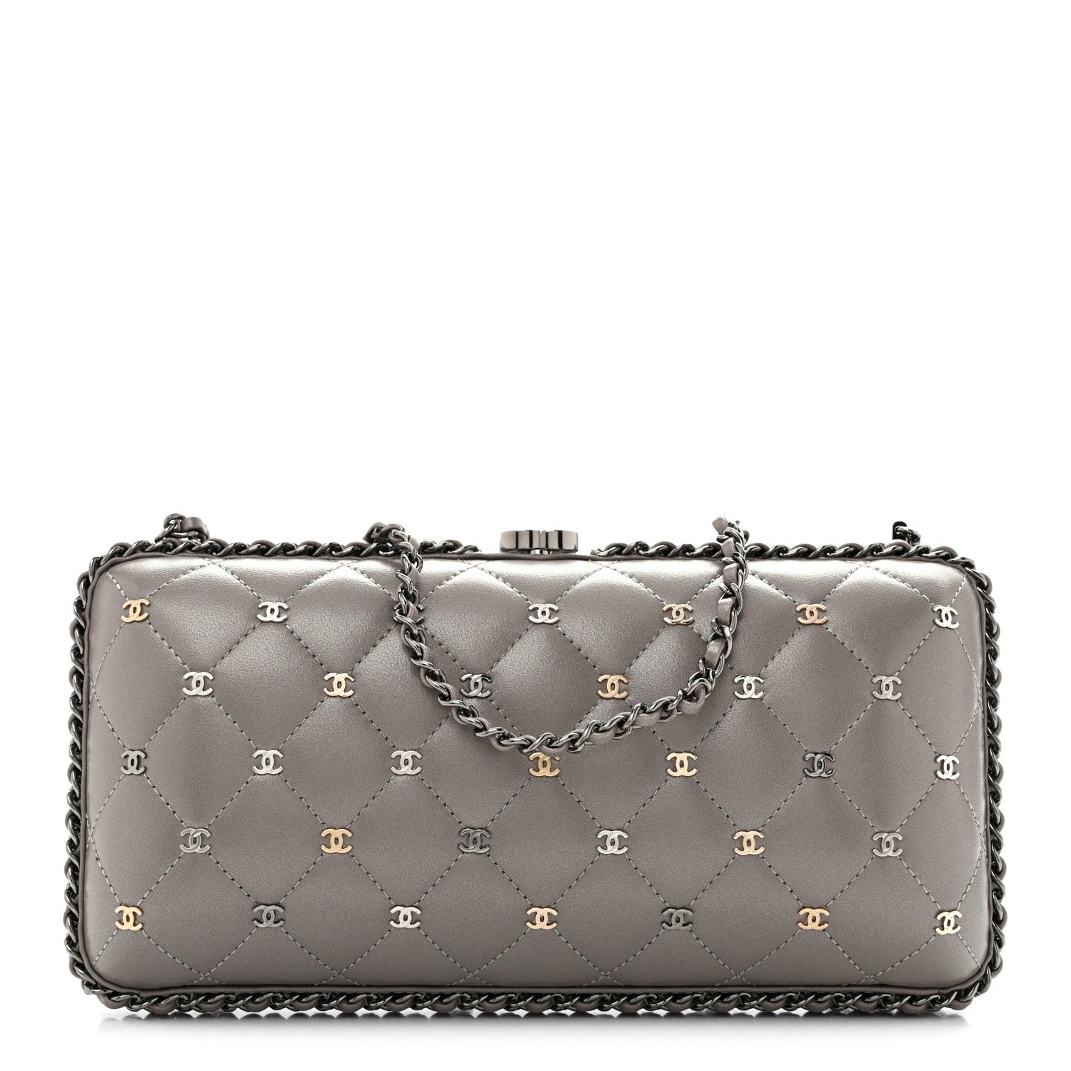 Lambskin Quilted CC Studded Chain Around Clutch Grey