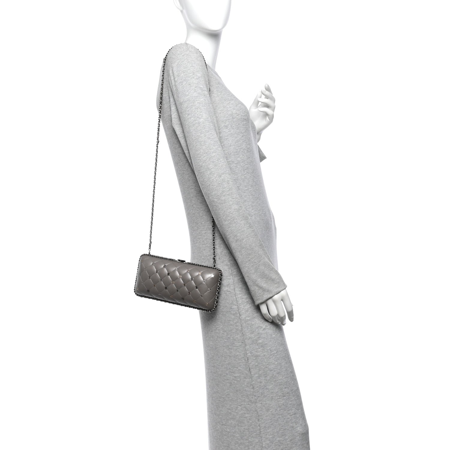 Lambskin Quilted CC Studded Chain Around Clutch Grey — view 2
