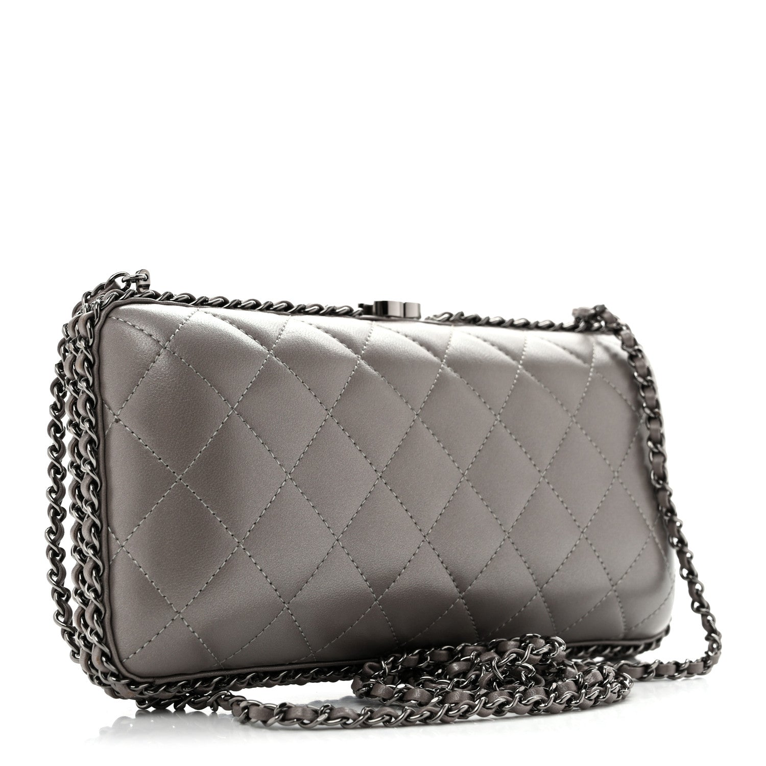 Lambskin Quilted CC Studded Chain Around Clutch Grey — view 3