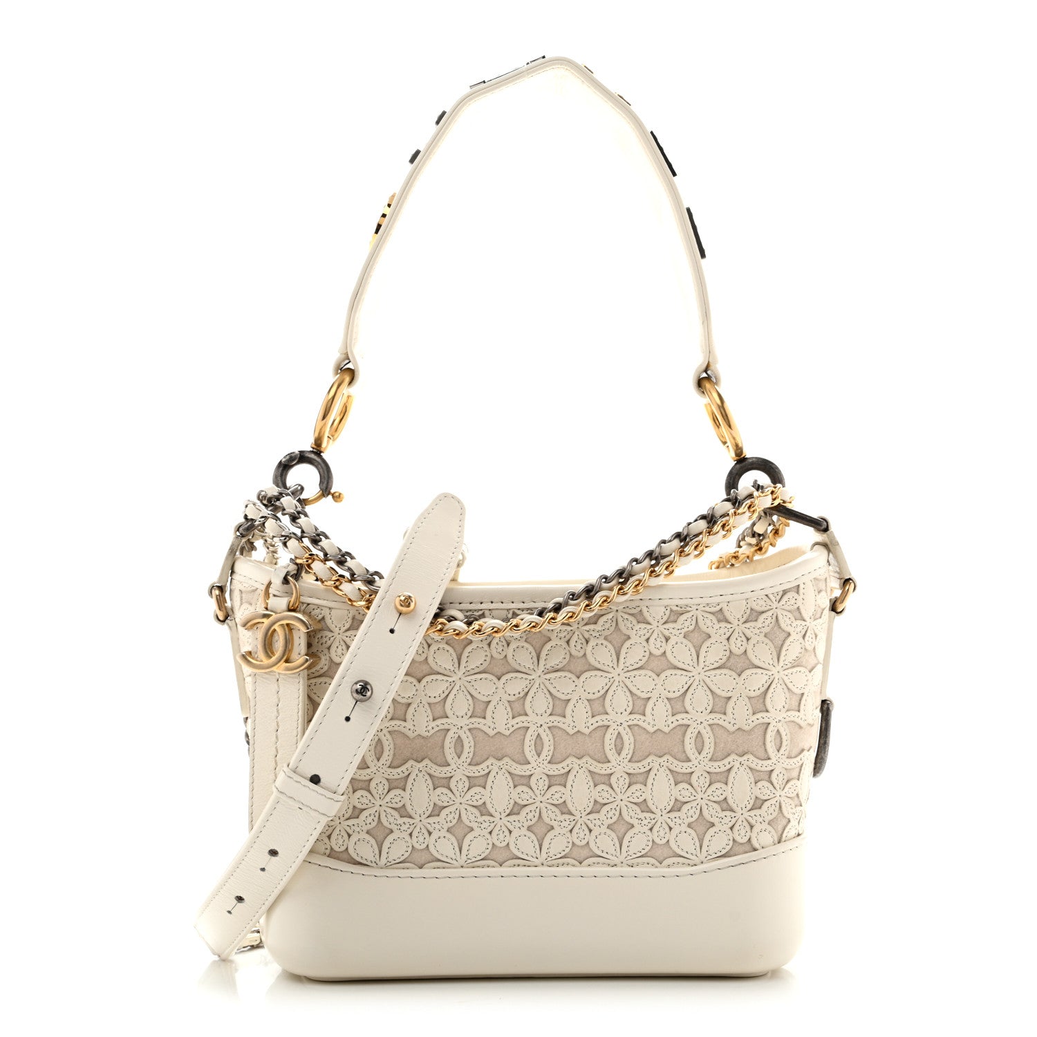 Calfskin Wool Felt Embossed Small Gabrielle Logo Hobo White — view 1