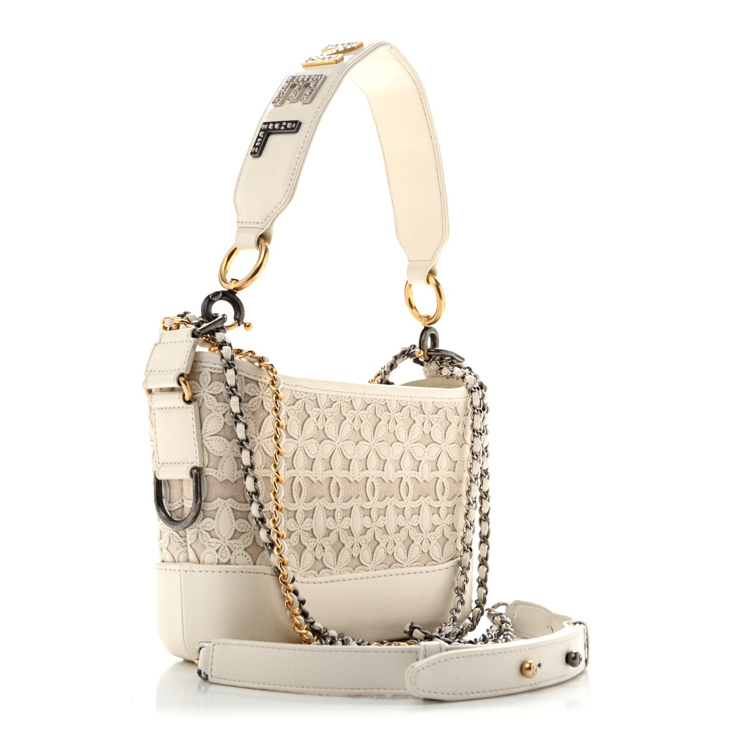 Calfskin Wool Felt Embossed Small Gabrielle Logo Hobo White — view 3