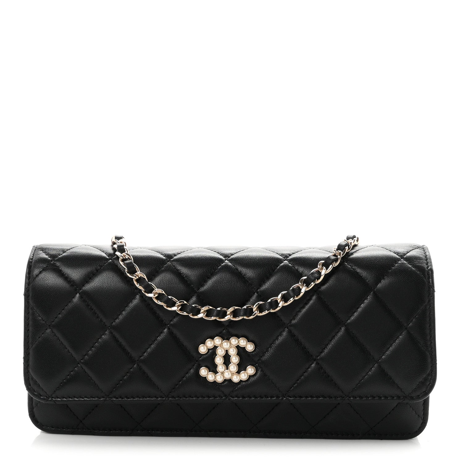 Lambskin Quilted Pearl CC Flap Clutch Black