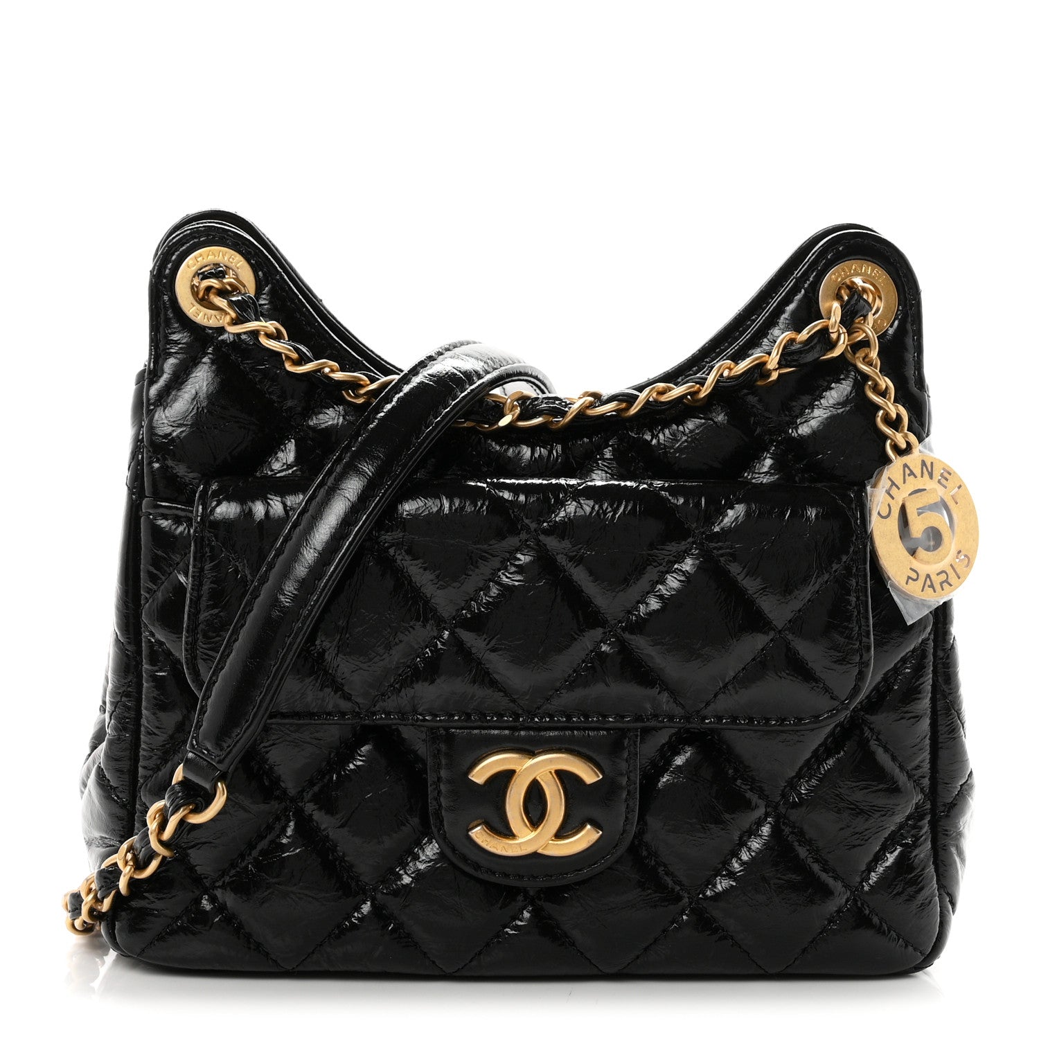 Shiny Crumpled Calfskin Quilted Small Wavy CC Hobo Black