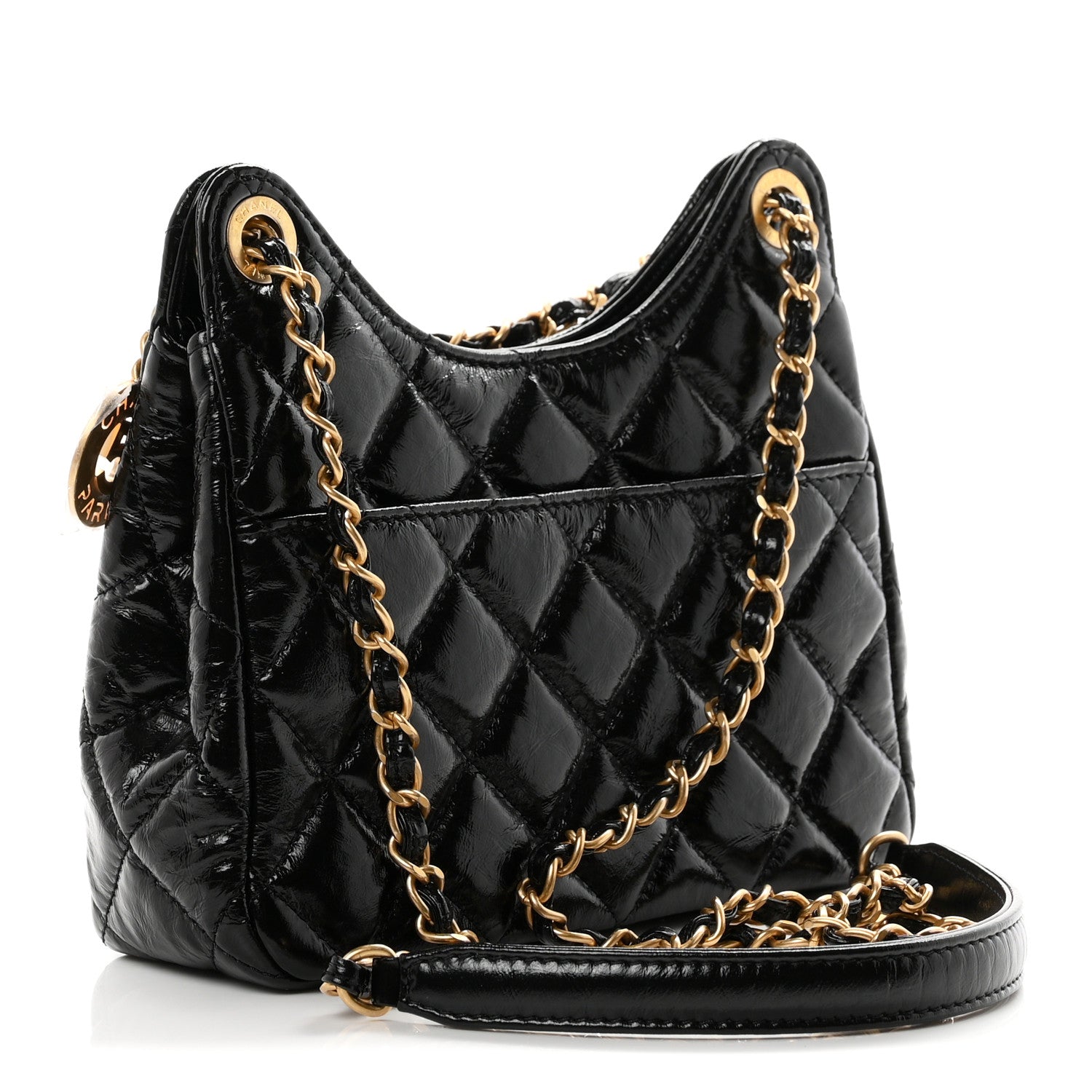 Shiny Crumpled Calfskin Quilted Small Wavy CC Hobo Black — view 3