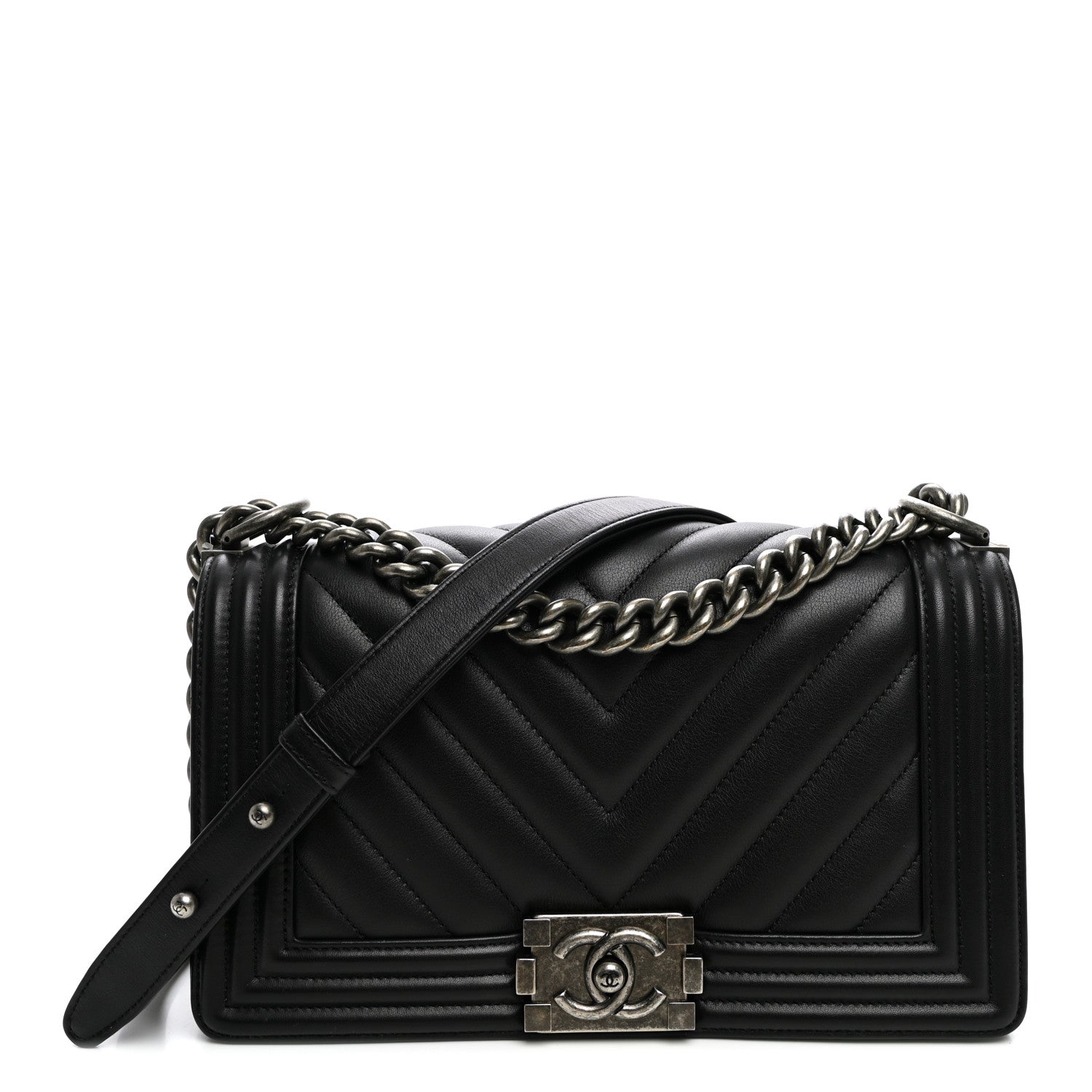 Calfskin Chevron Quilted Medium Boy Flap Black