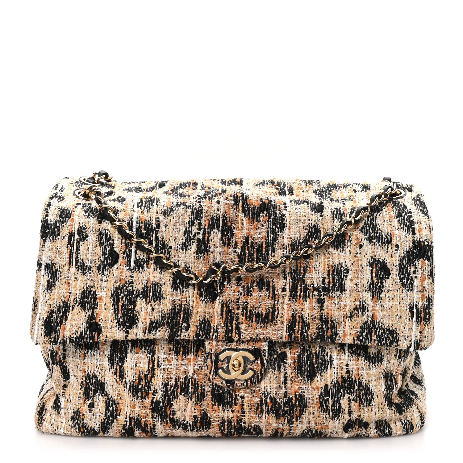 Tweed Mixed Fibers Leopard Print Souplissimo Maxi Flap Brown Black White