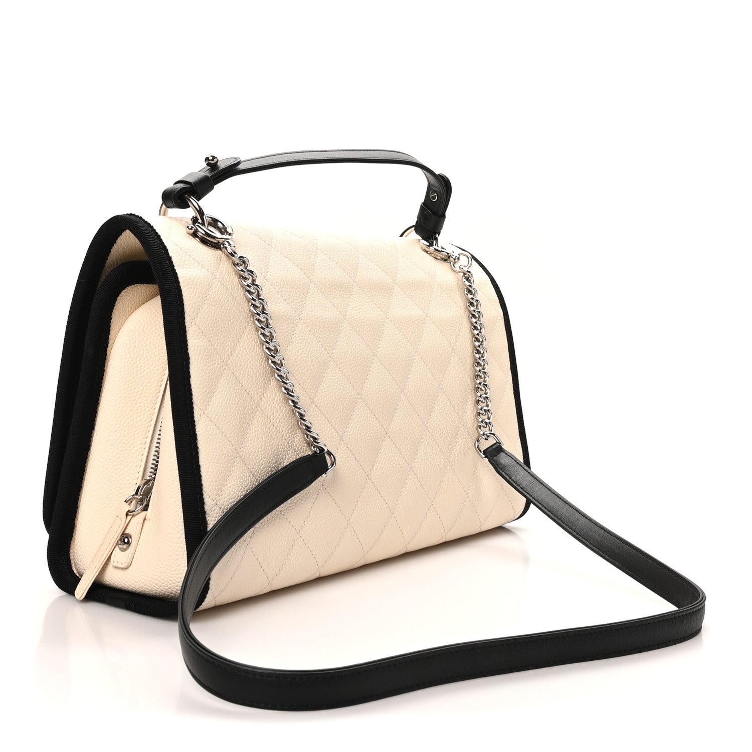 Caviar Grosgrain Quilted Top Handle CC Flap Beige Black — view 2
