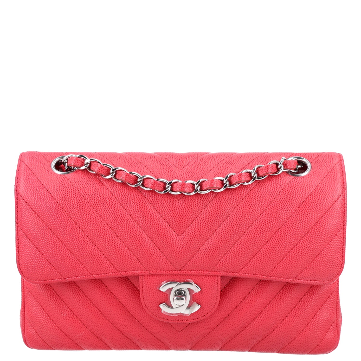Caviar Chevron Quilted Small Double Flap Dark Pink