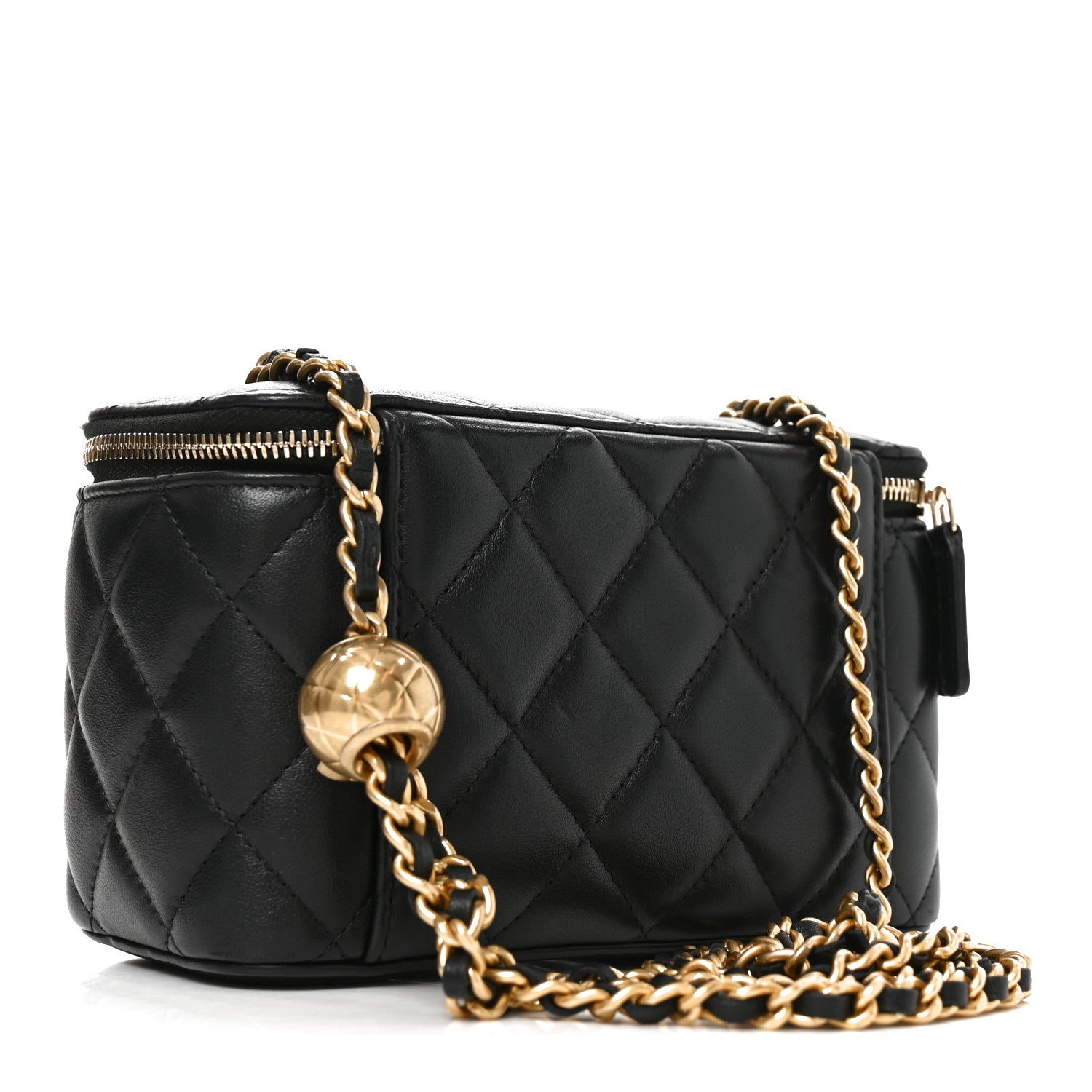 Lambskin Quilted Pearl Crush Small Vanity Case With Chain Black — view 3