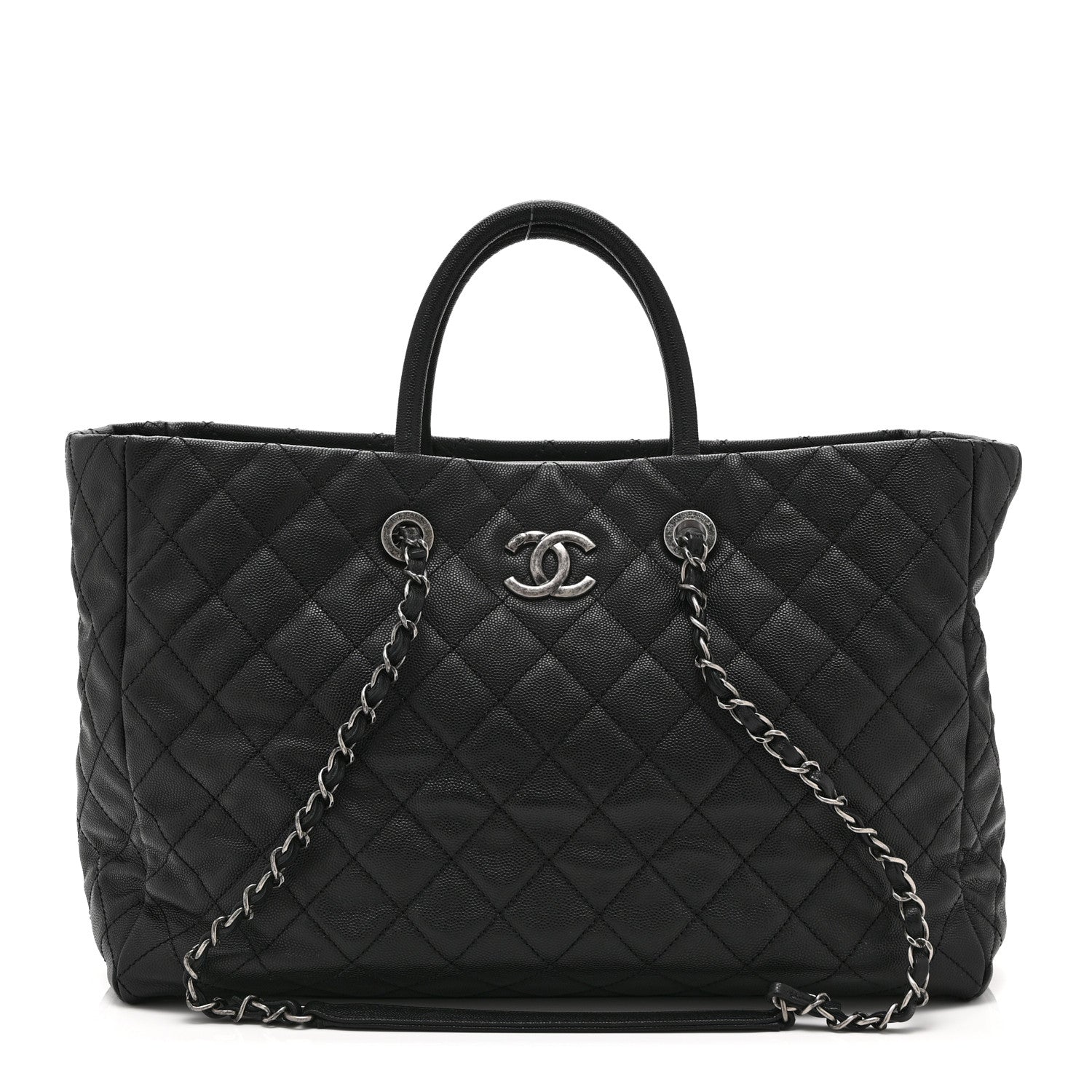 Caviar Quilted Large Coco Handle Shopping Tote Black