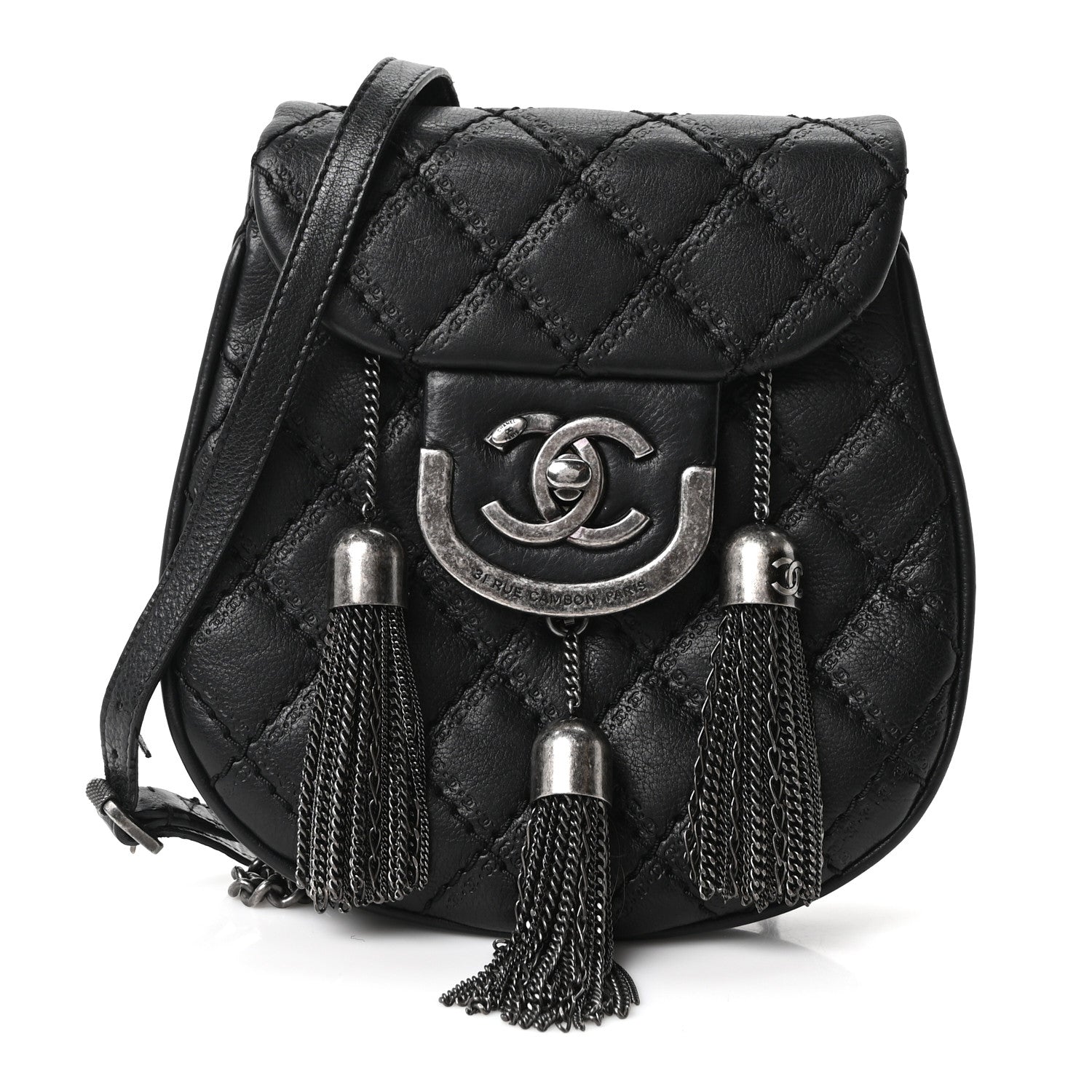 Calfskin Quilted Coco Sporran Small Tassel Flap Black