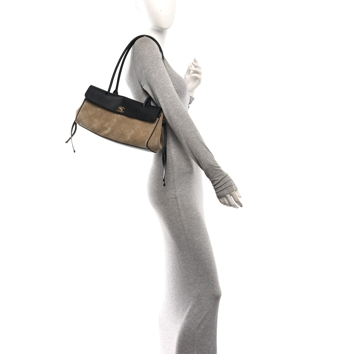 Grained Calfskin Suede Urban Essentials Small Shopping Bag Dark Beige Black — view 2